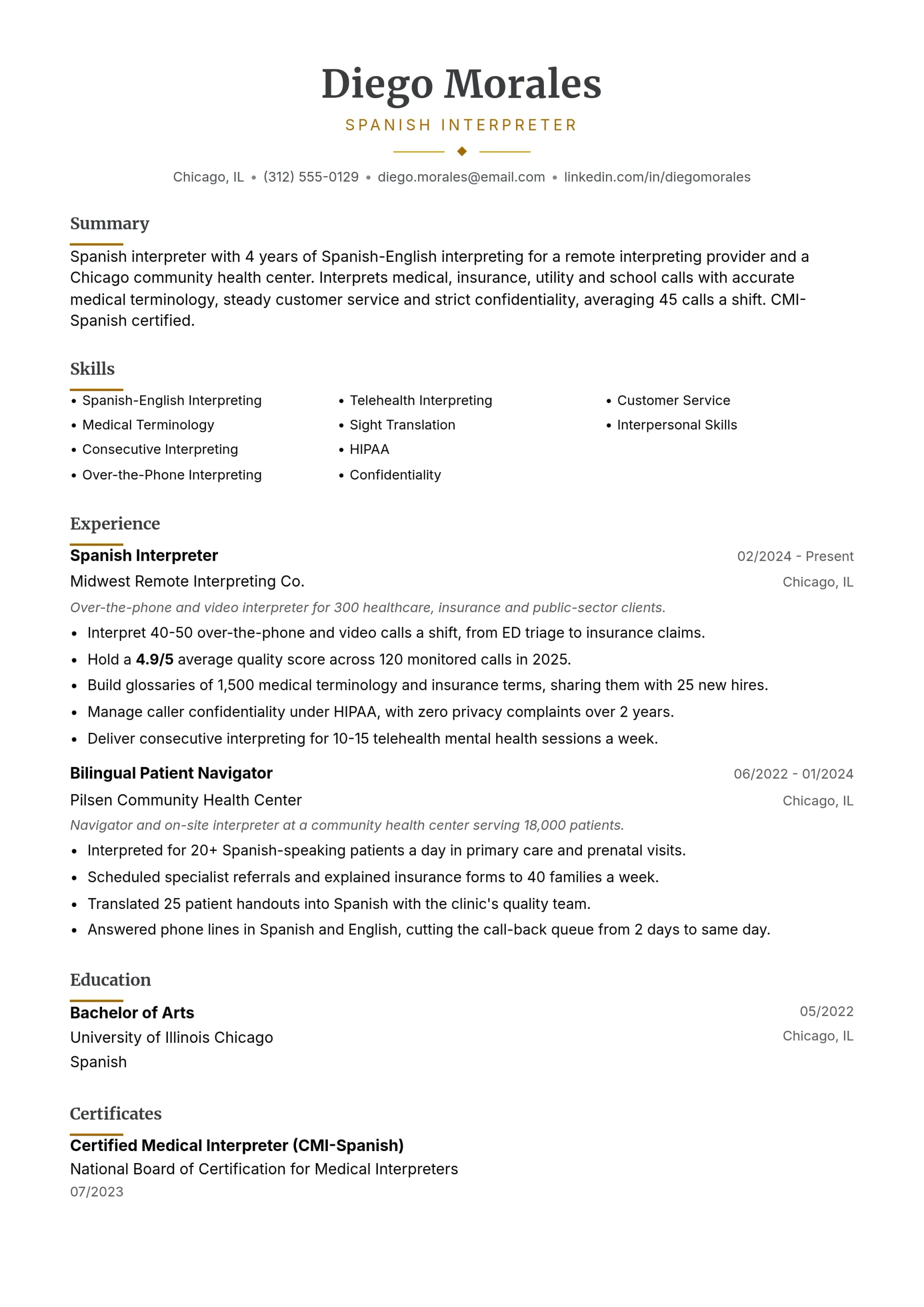 Spanish Interpreter resume example