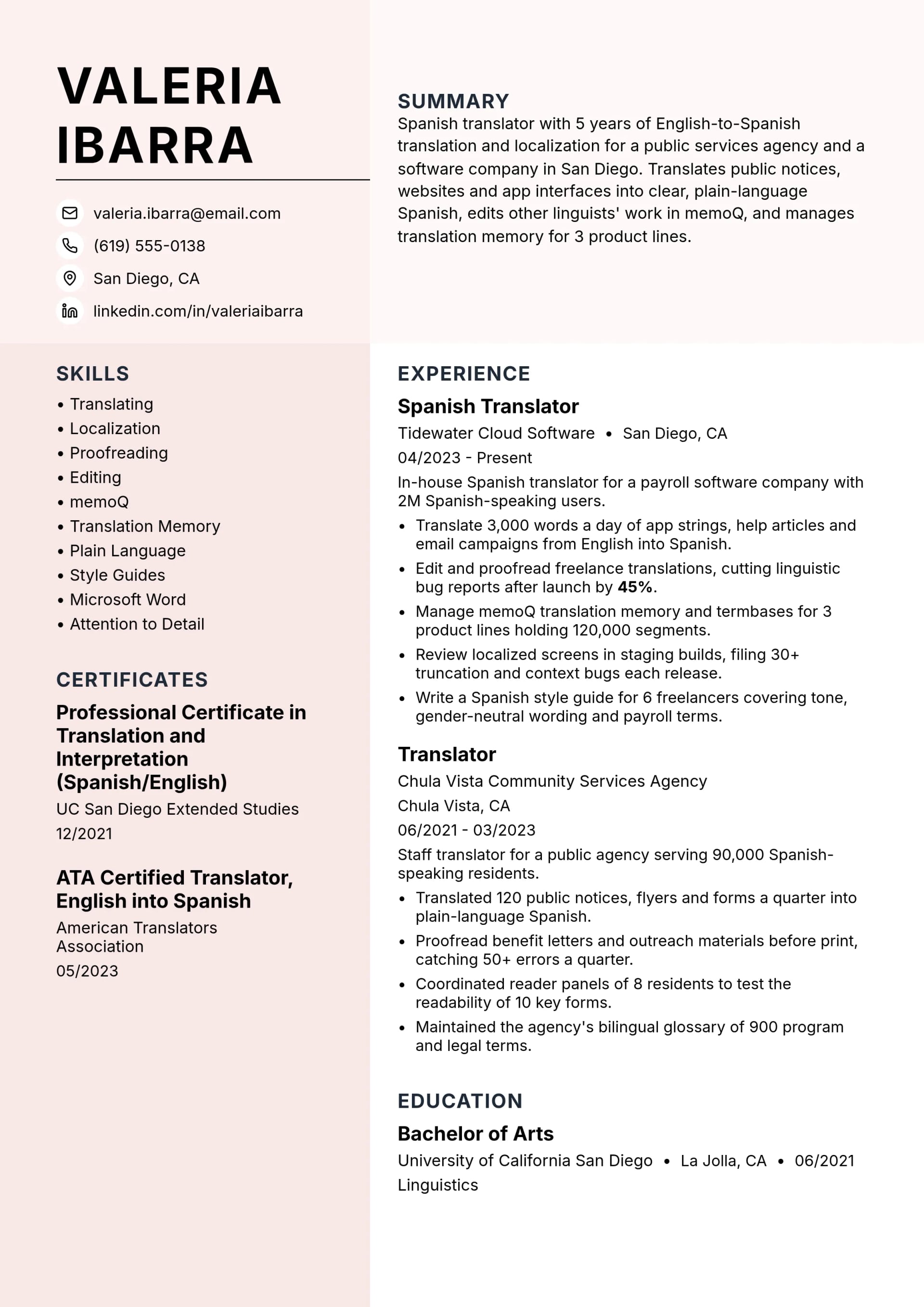 Spanish Translator resume example