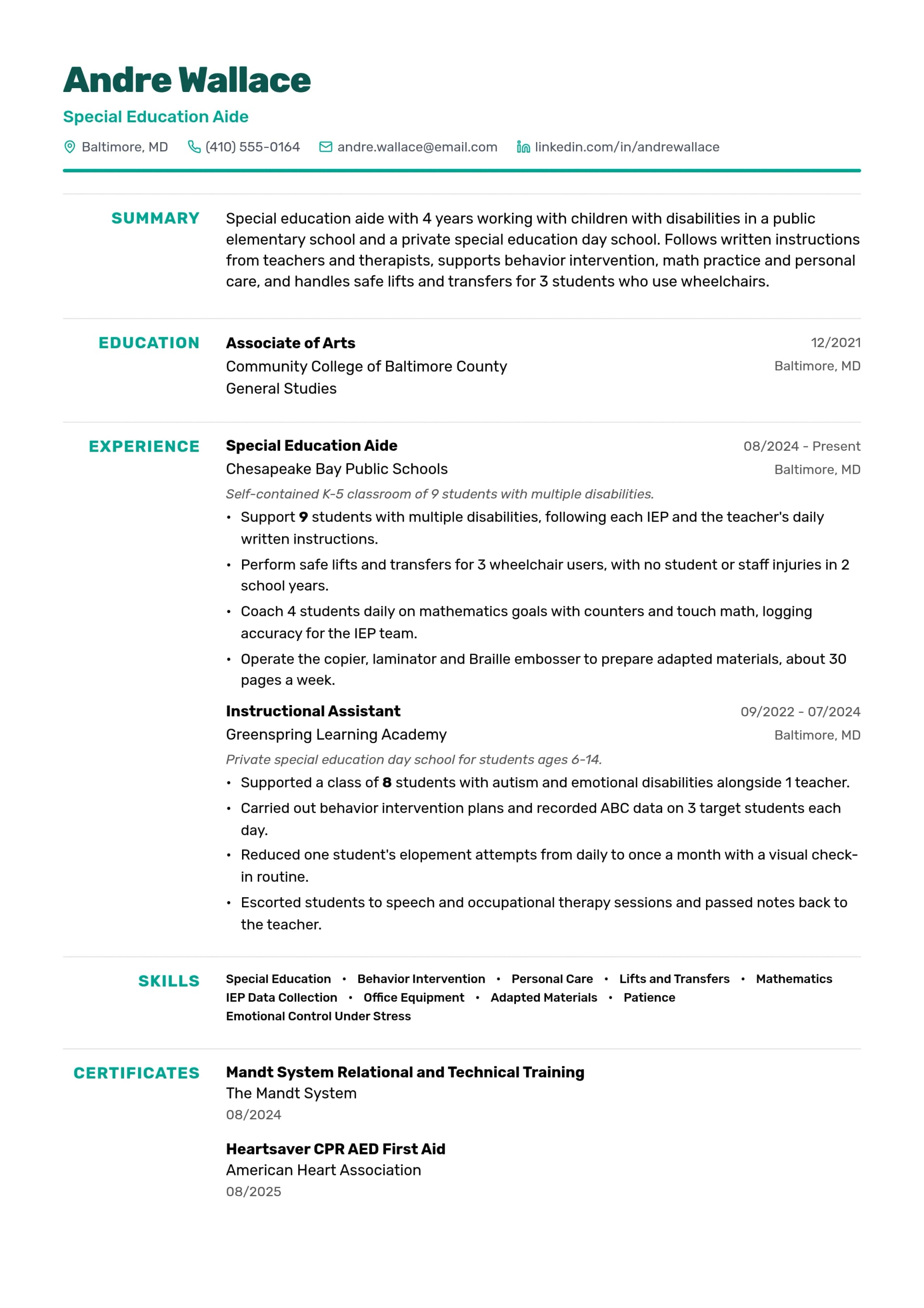 Special Education Aide resume example