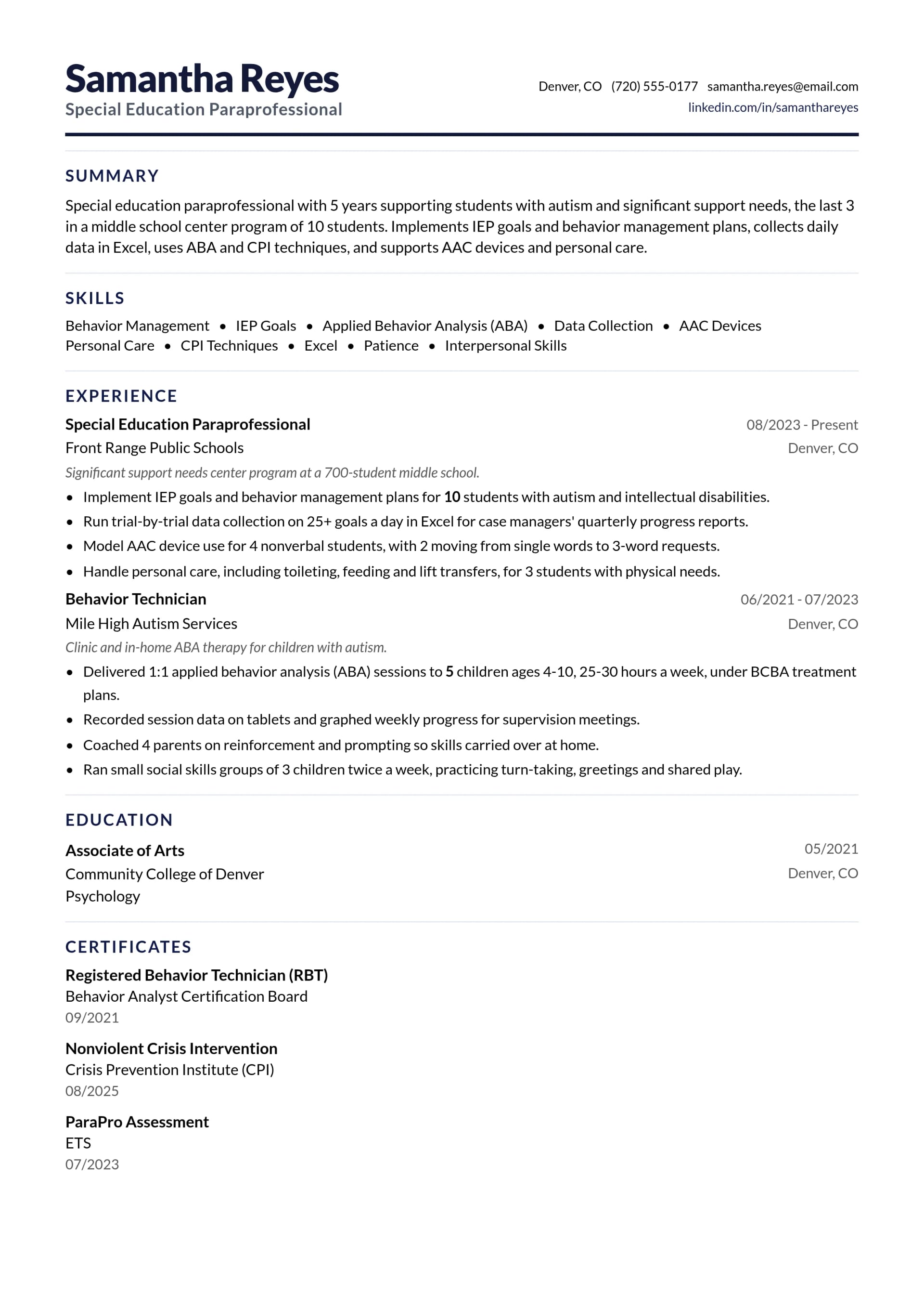 Special Education Paraprofessional resume example