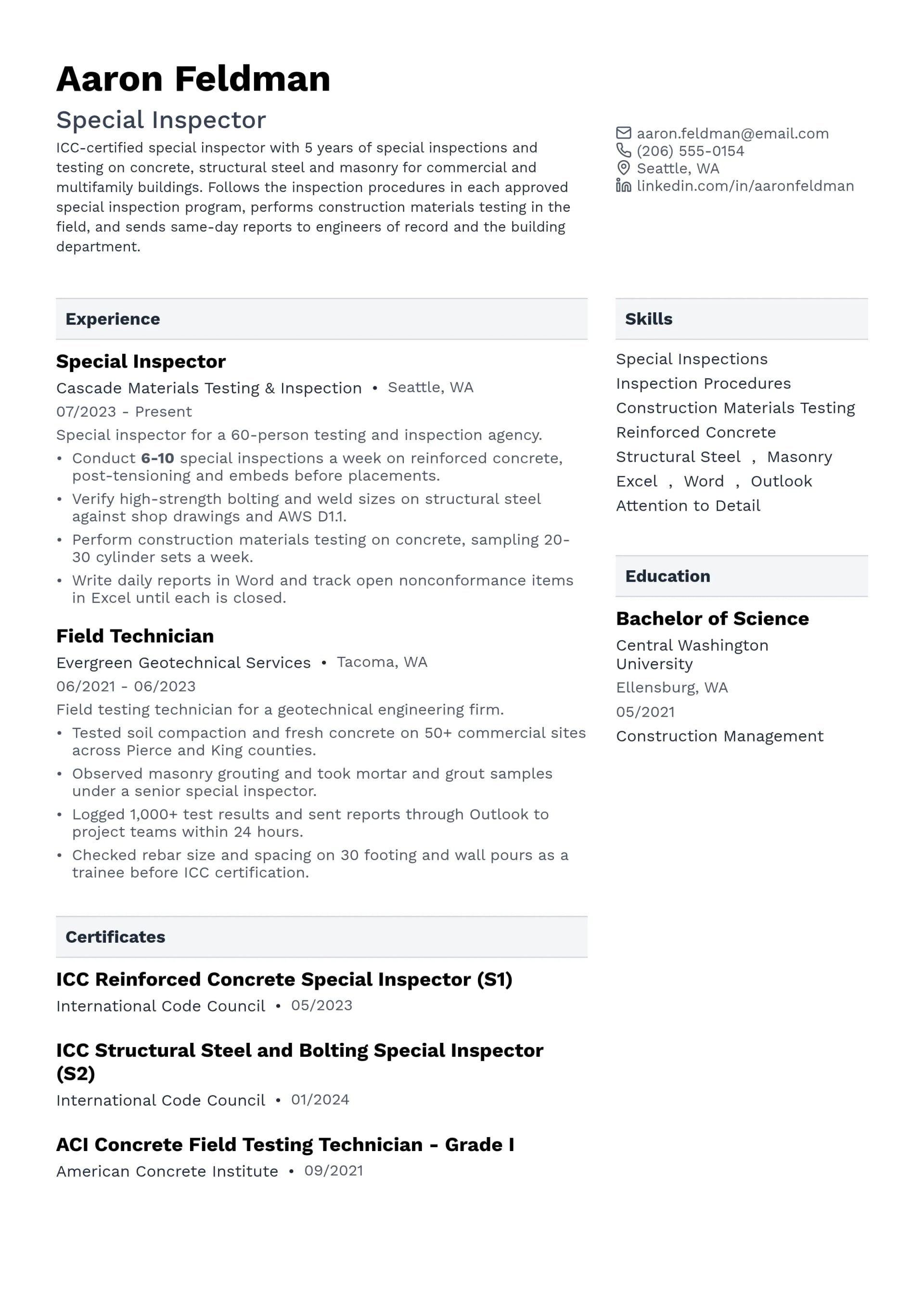 Special Inspector resume example