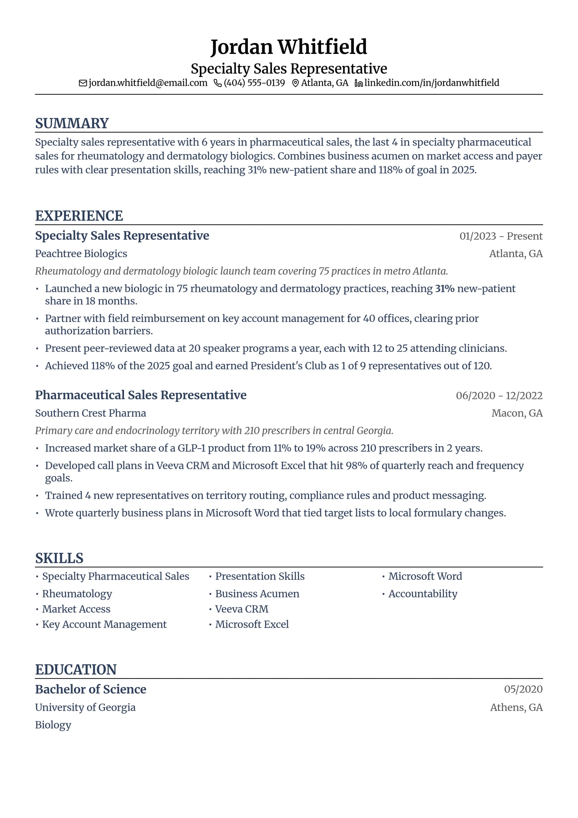 Specialty Sales Representative resume example