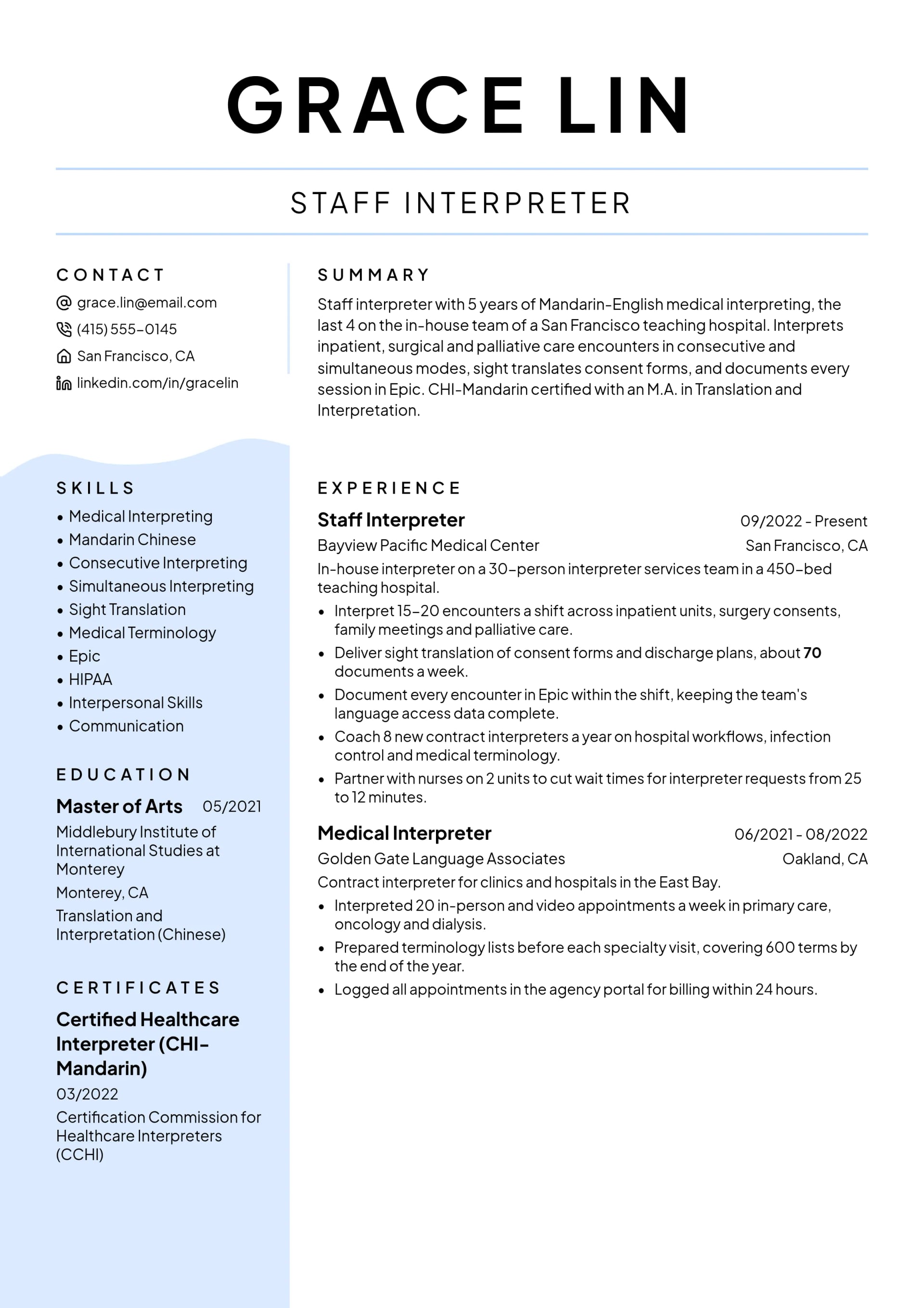 Staff Interpreter resume example