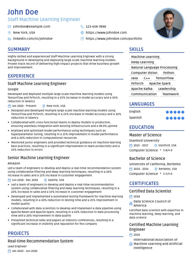 Staff Machine Learning Engineer resume example