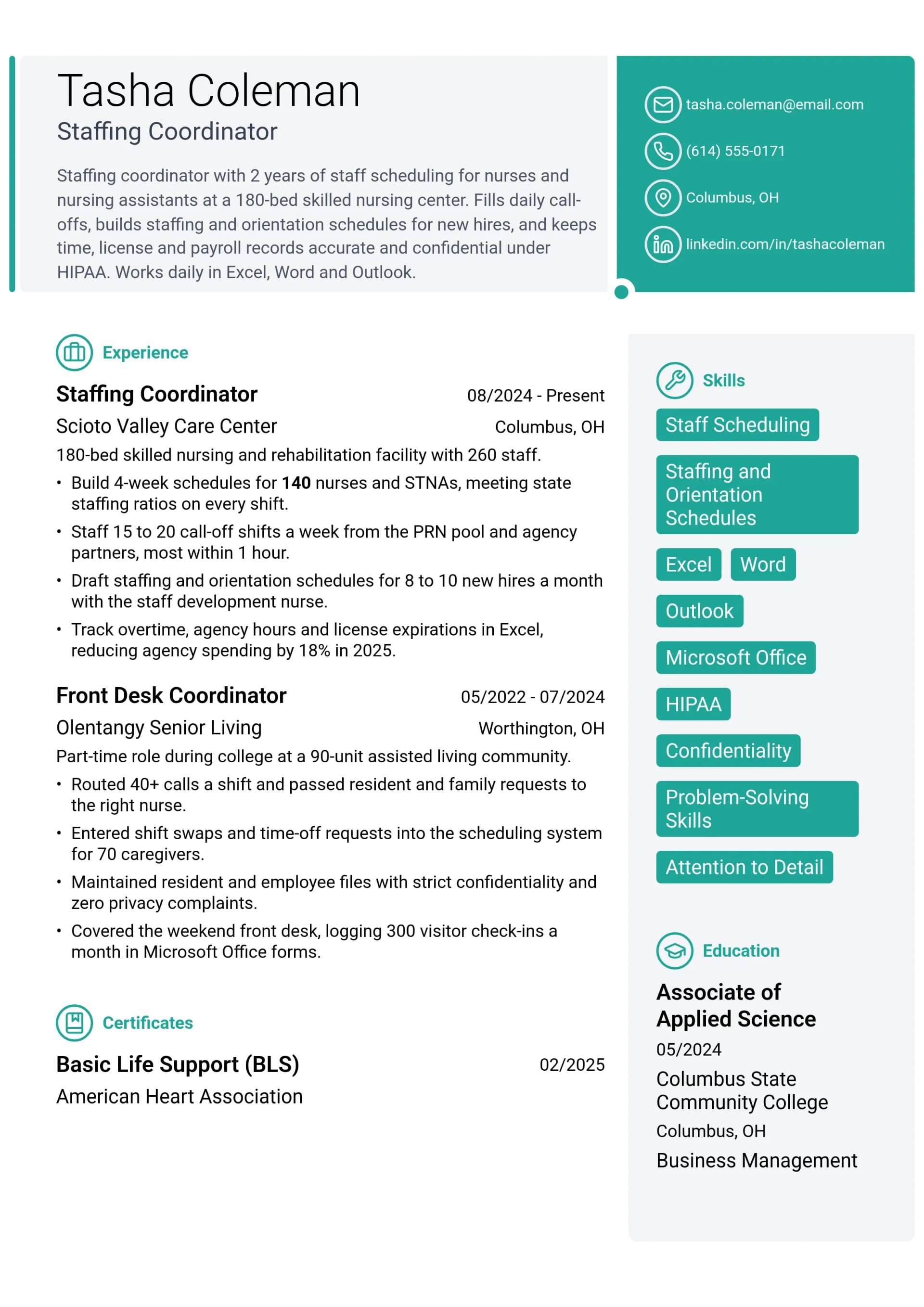 Staffing Coordinator resume example