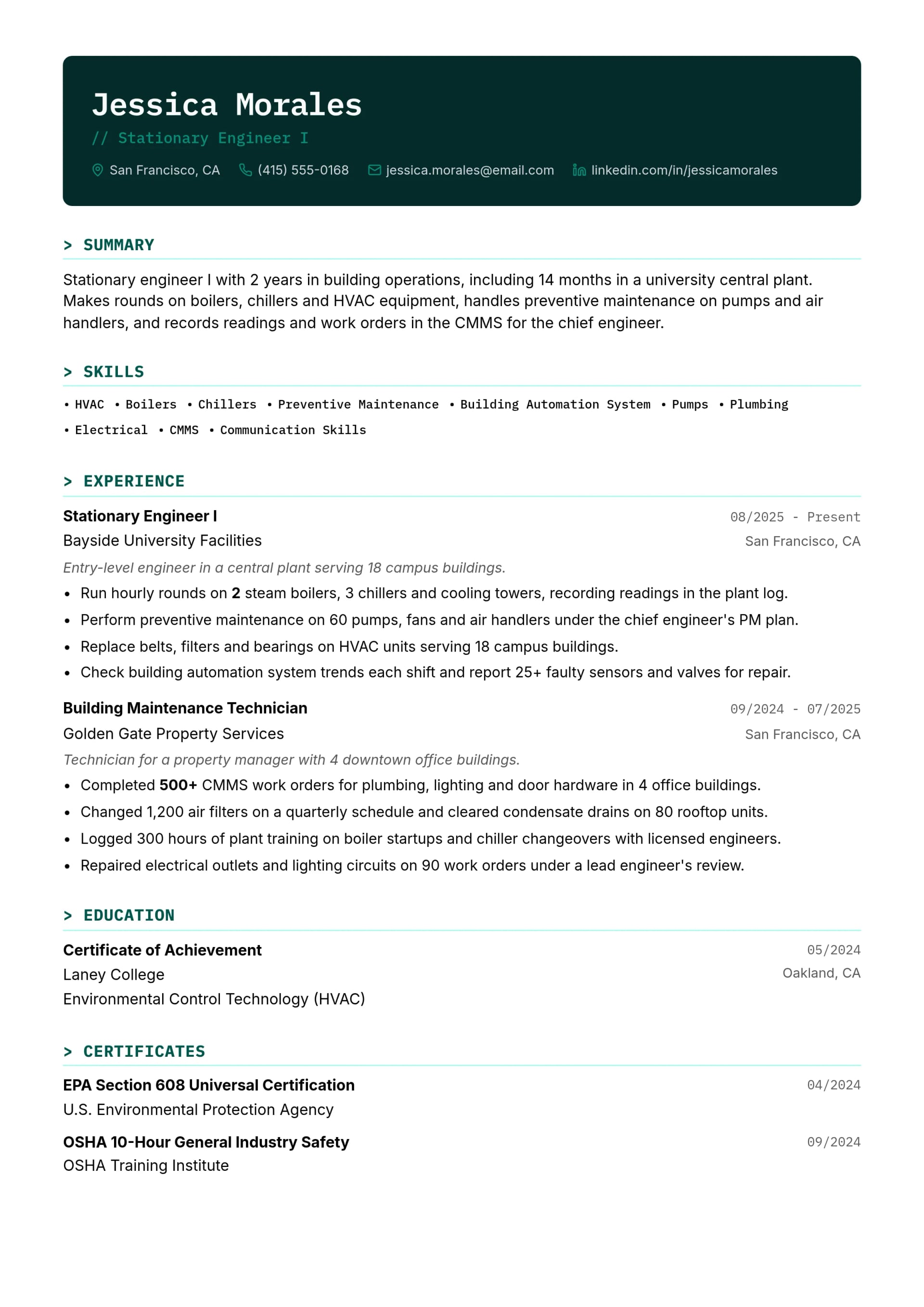 Stationary Engineer I resume example