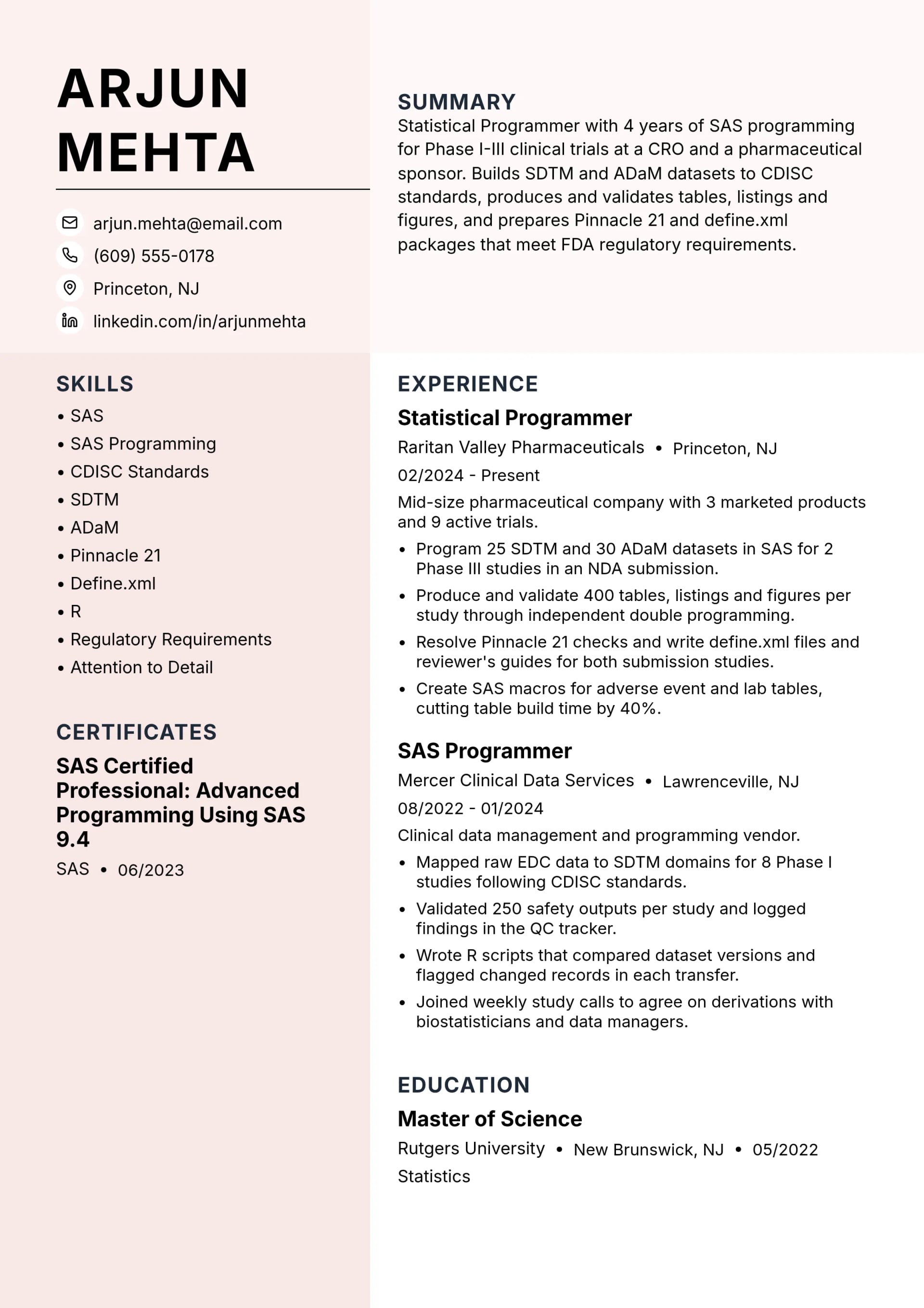Statistical Programmer resume example