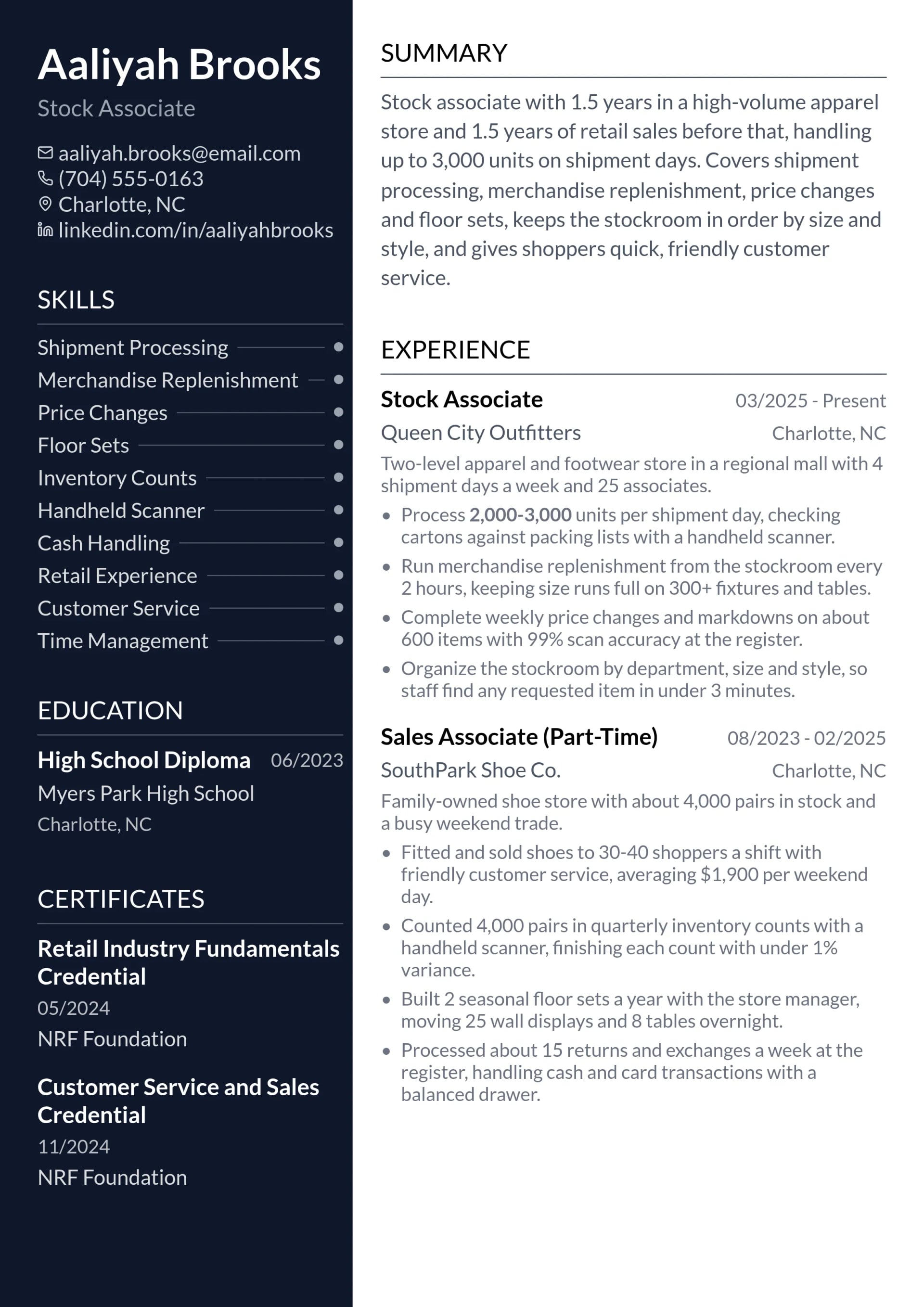 Stock Associate resume example