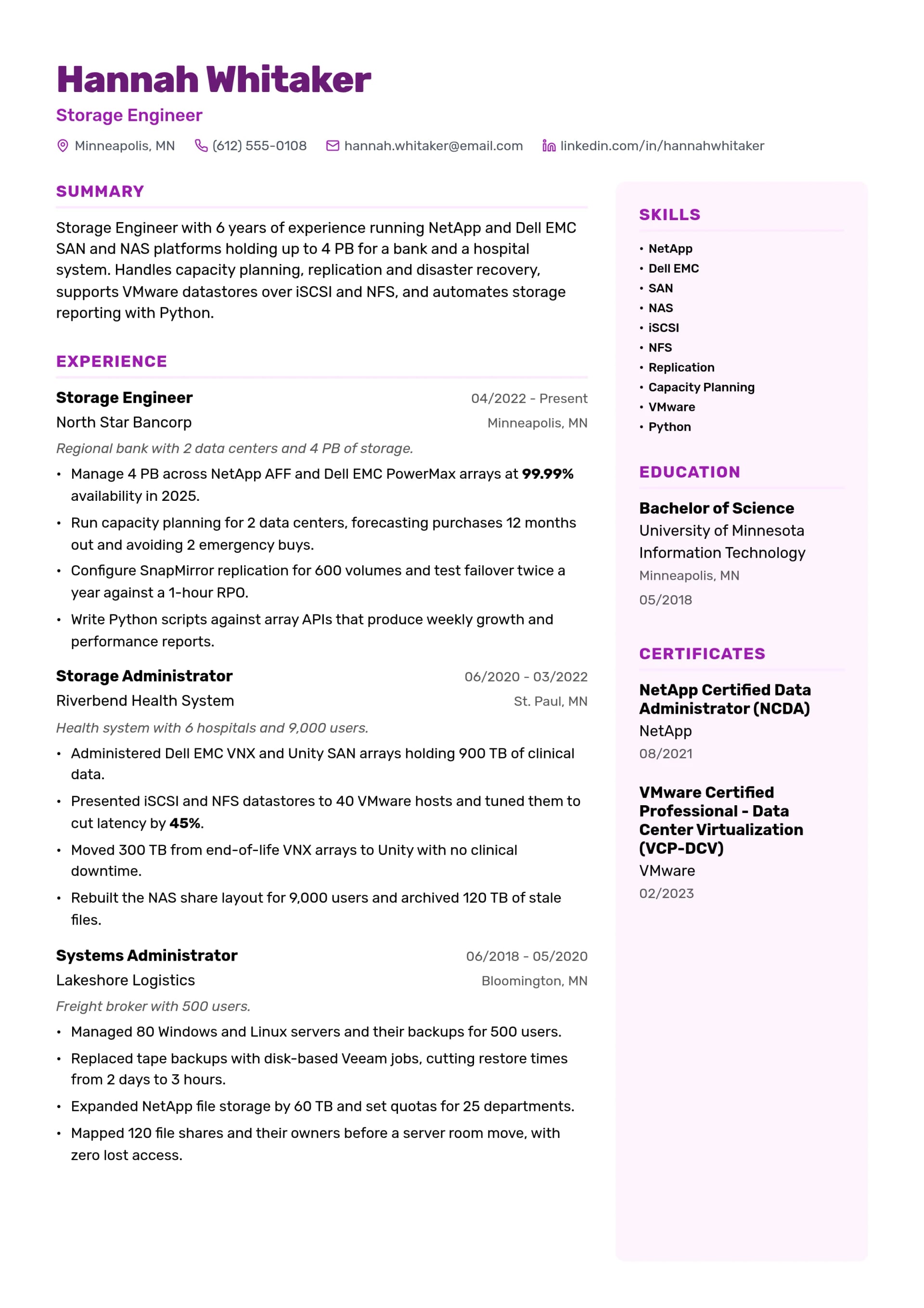 Storage Engineer resume example