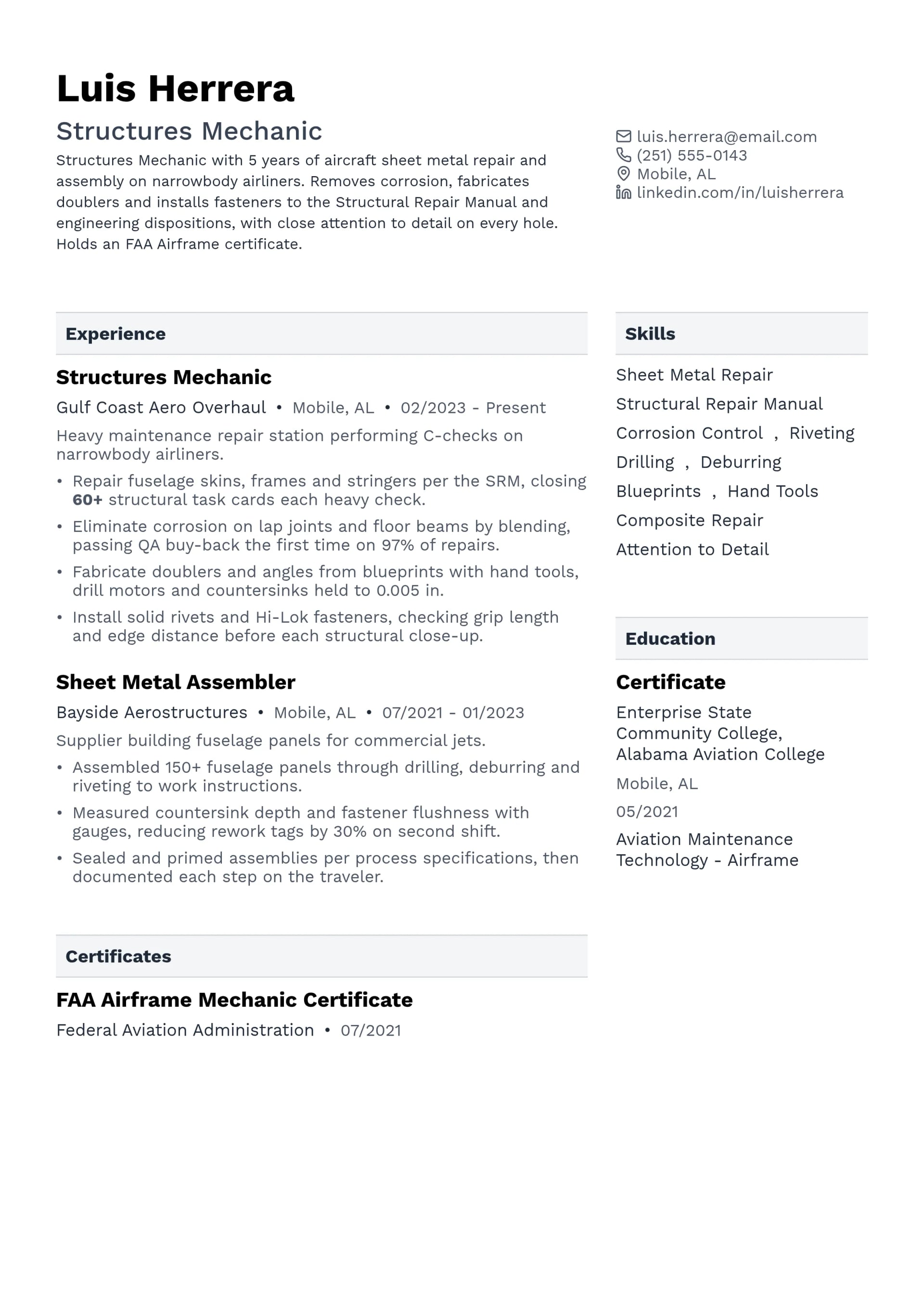 Structures Mechanic resume example