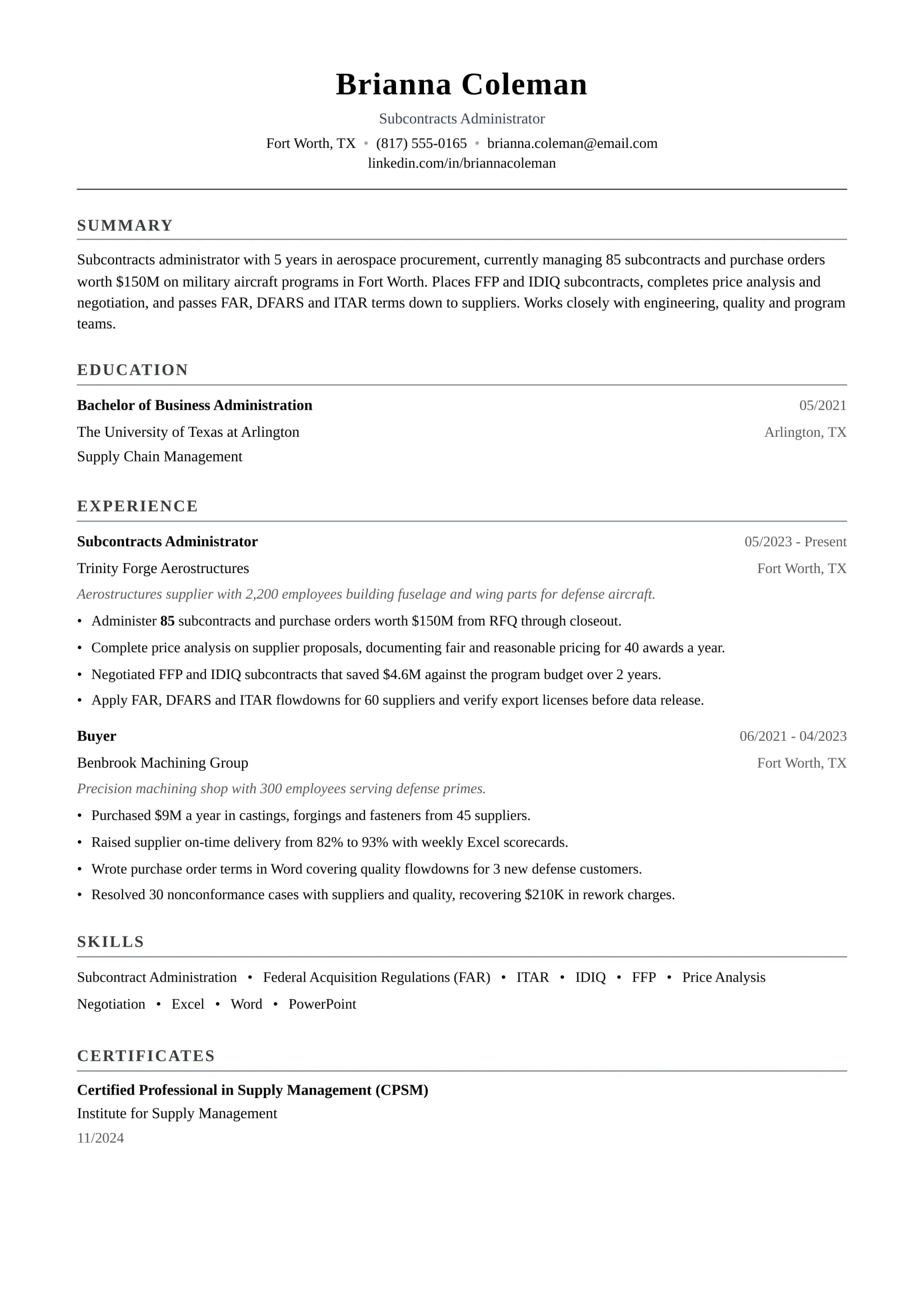 Subcontracts Administrator resume example