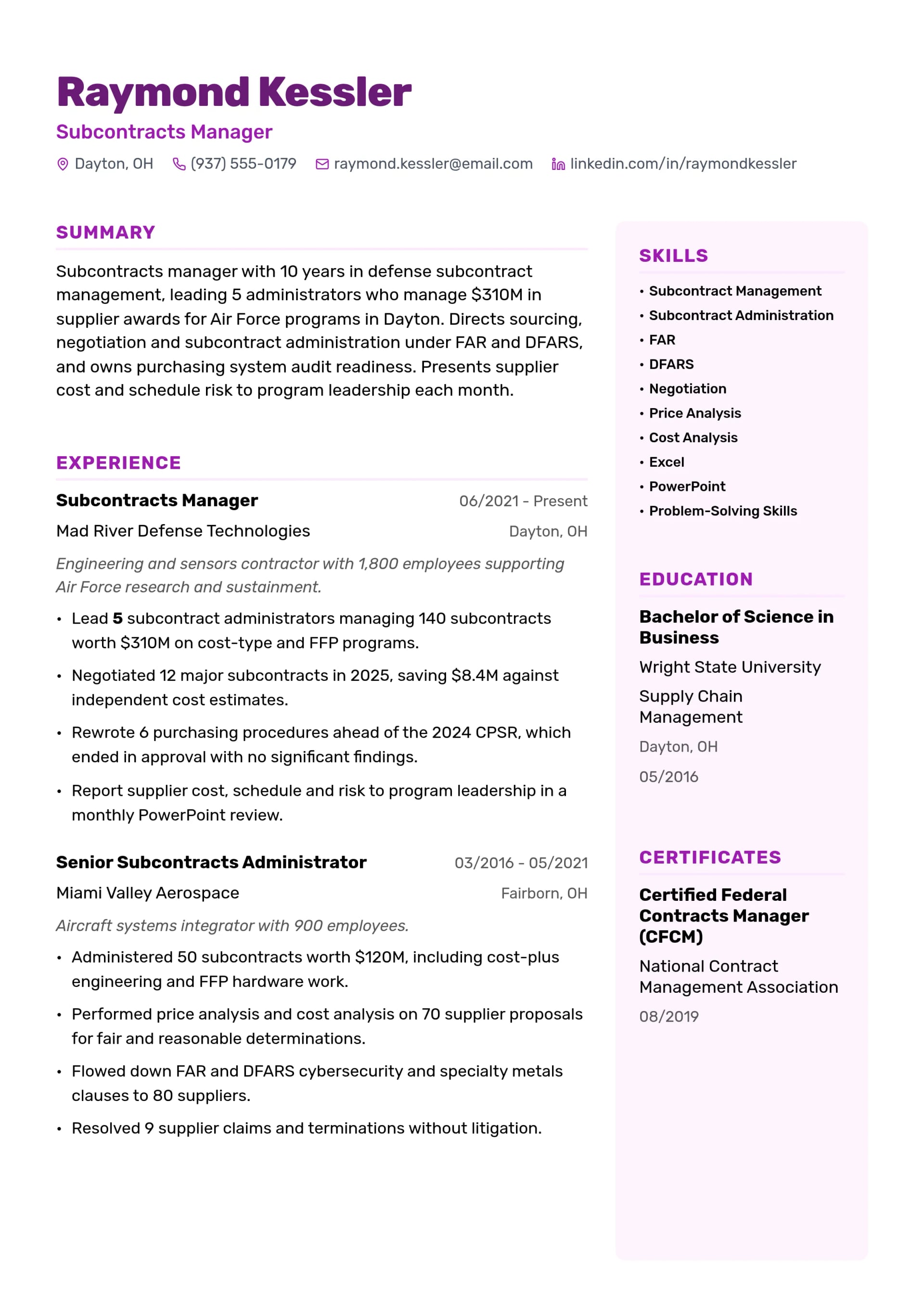 Subcontracts Manager resume example