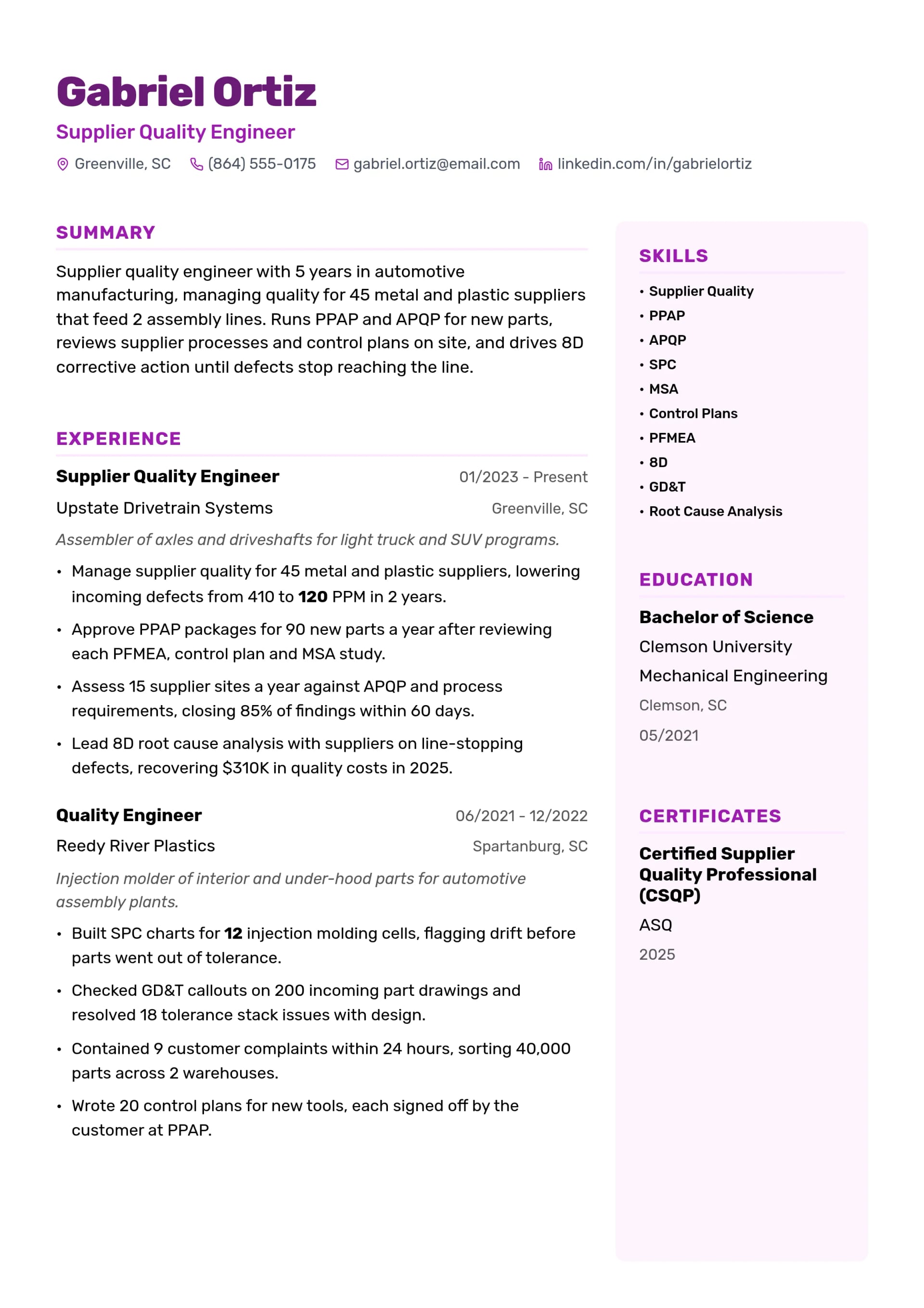 Supplier Quality Engineer resume example