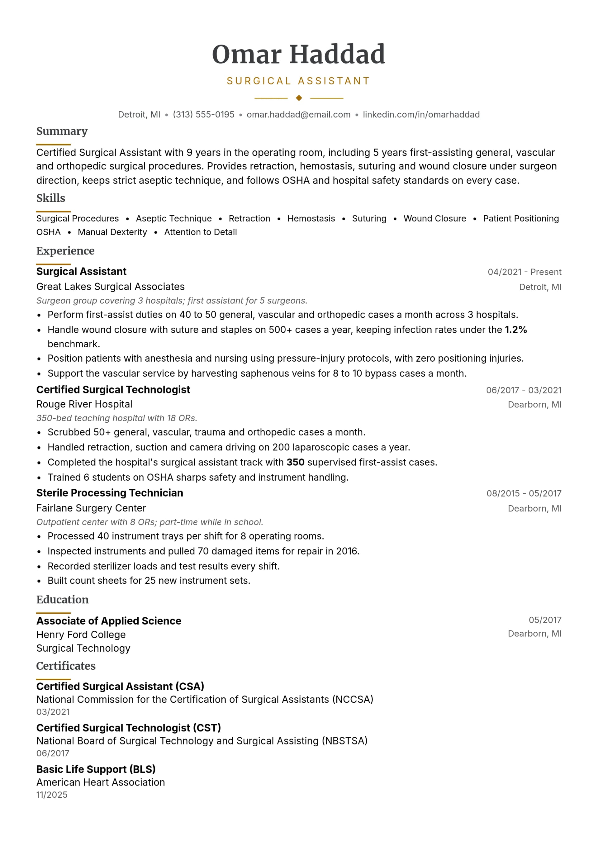 Surgical Assistant resume example