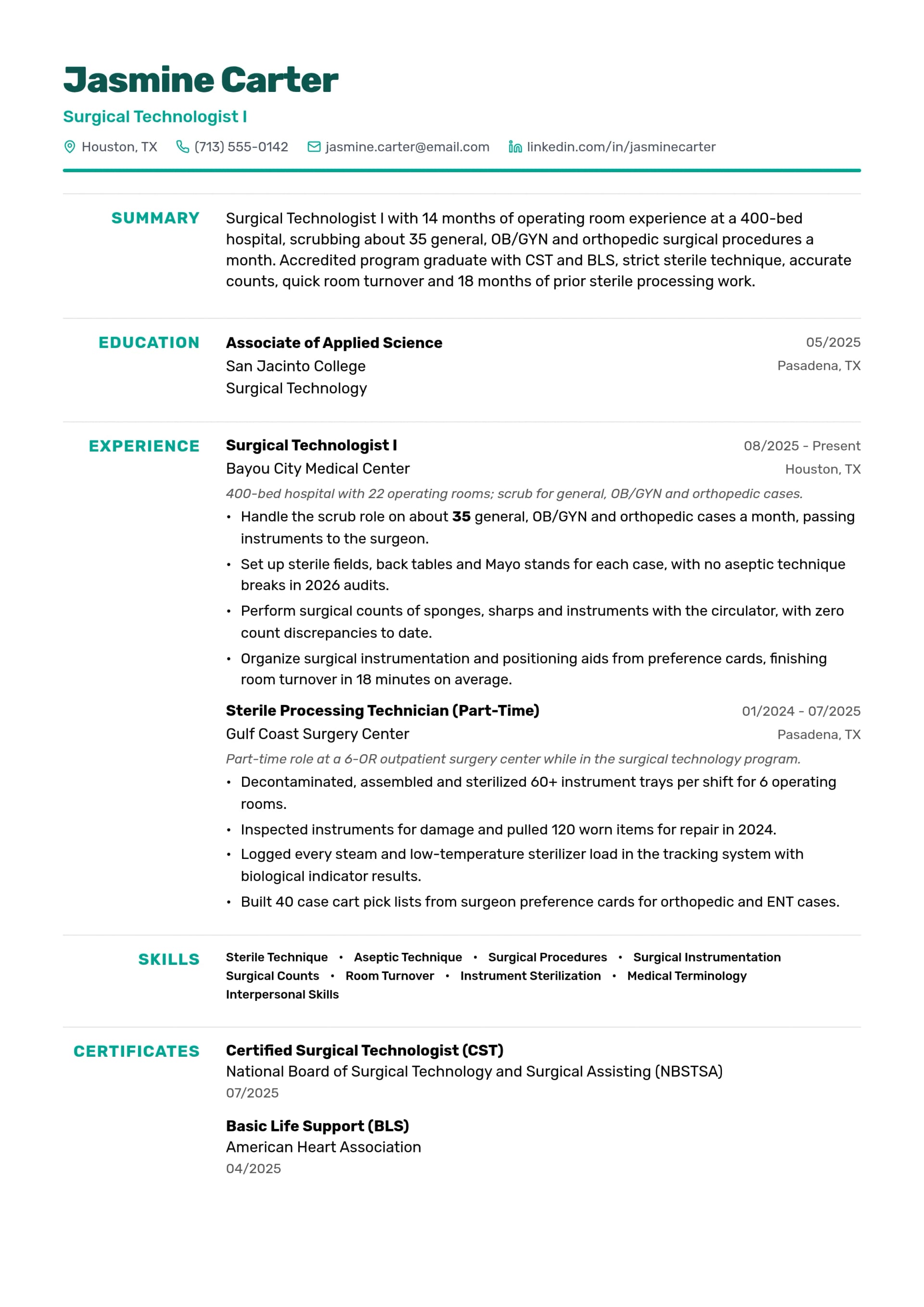 Surgical Technologist I resume example