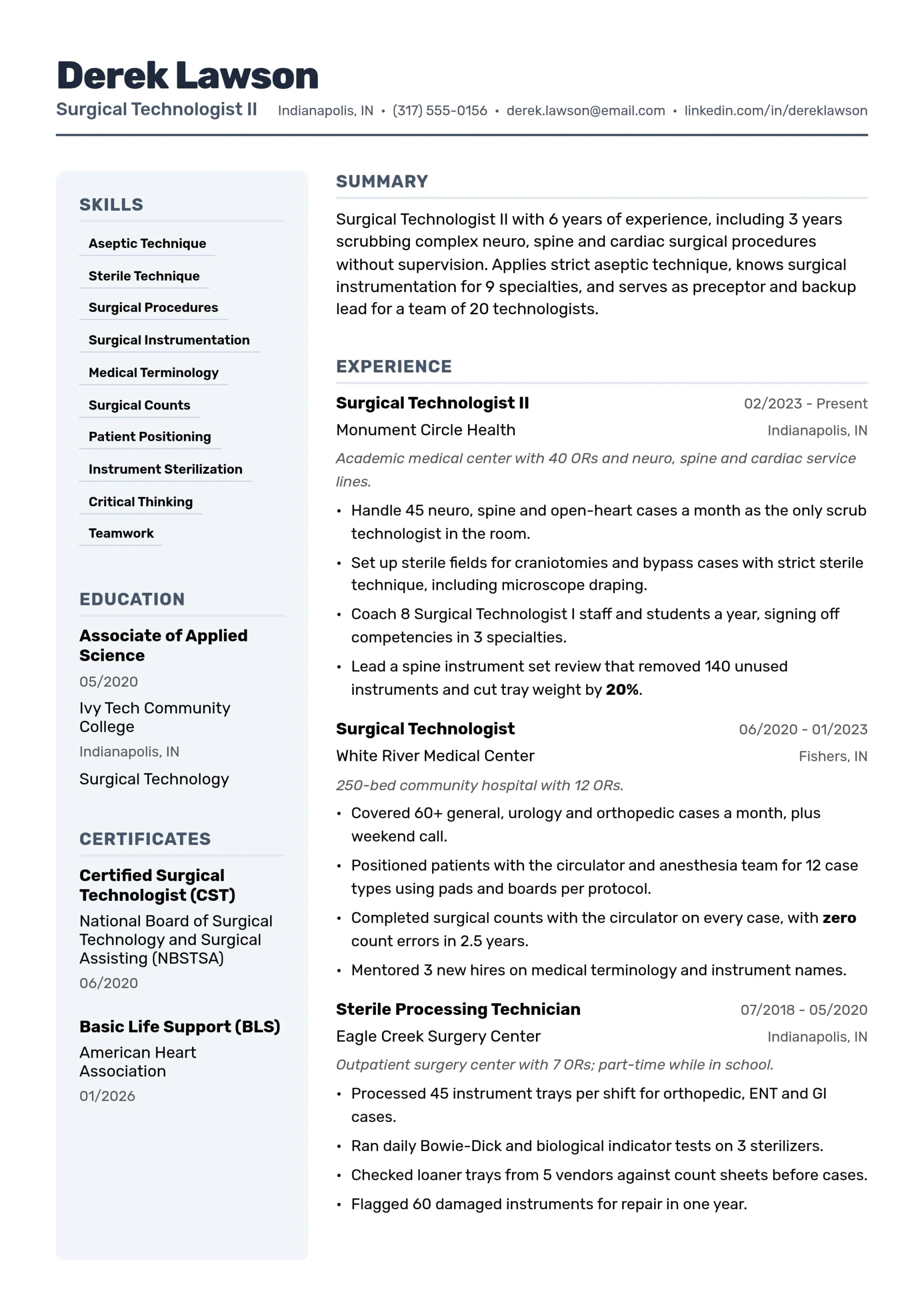 Surgical Technologist II resume example