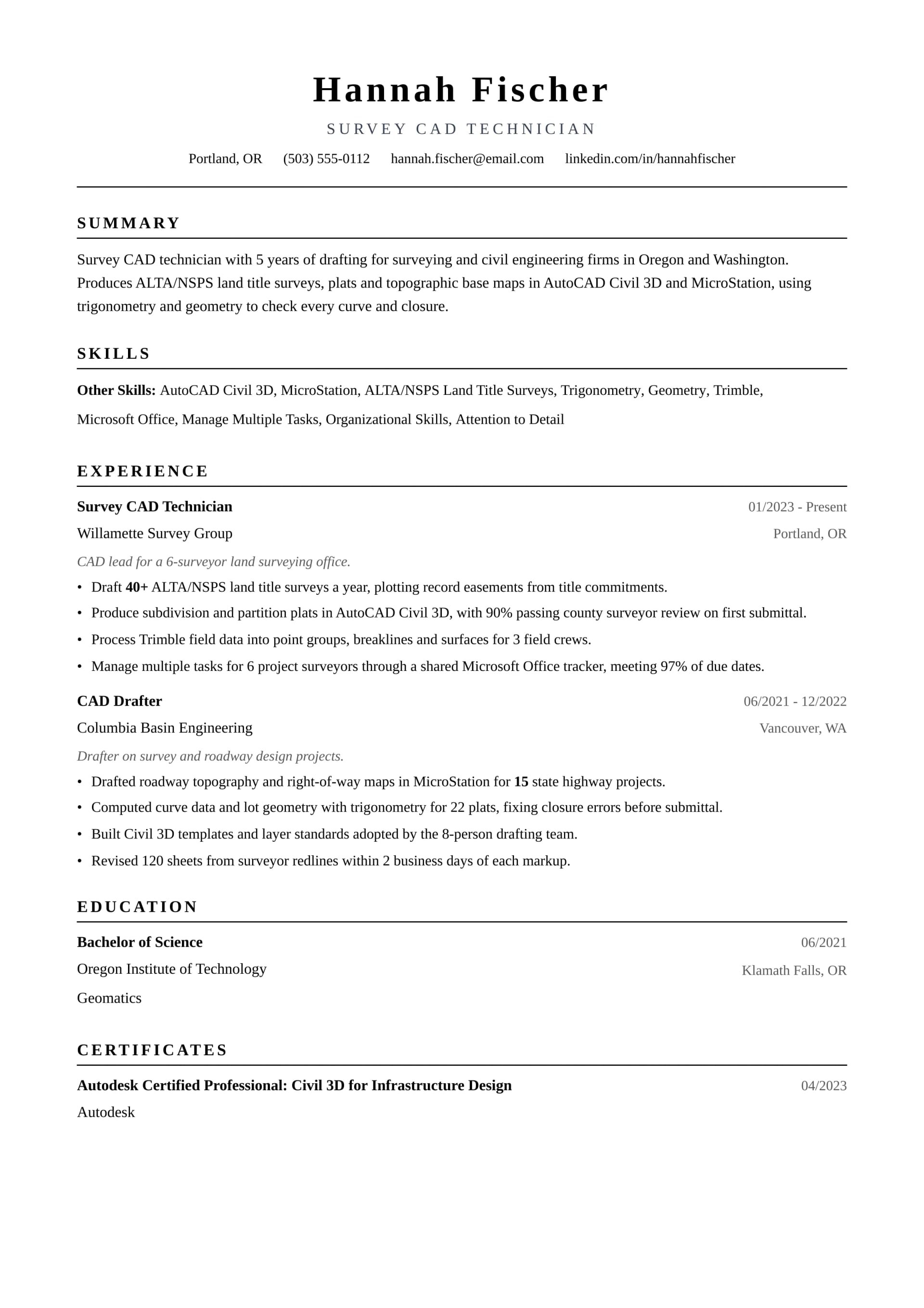Survey CAD Technician resume example