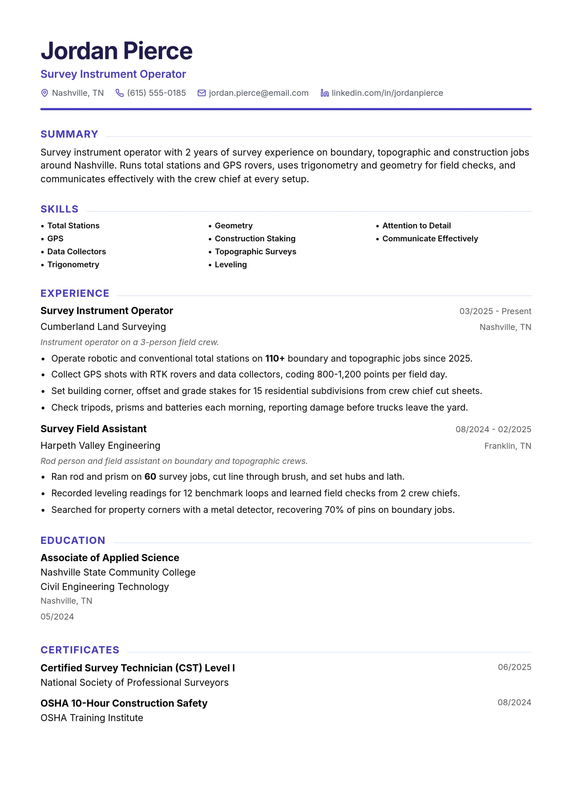 Survey Instrument Operator resume example