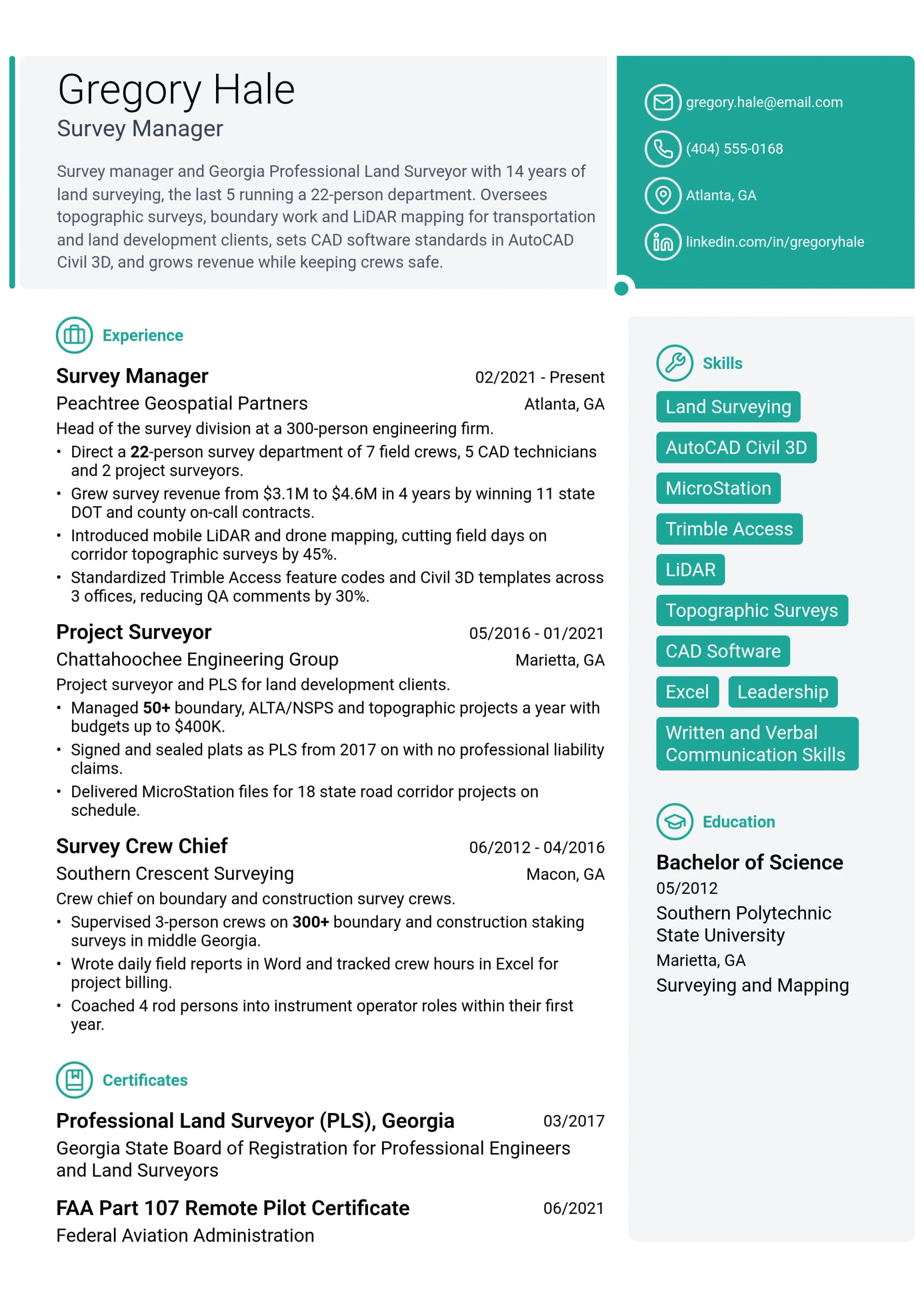 Survey Manager resume example
