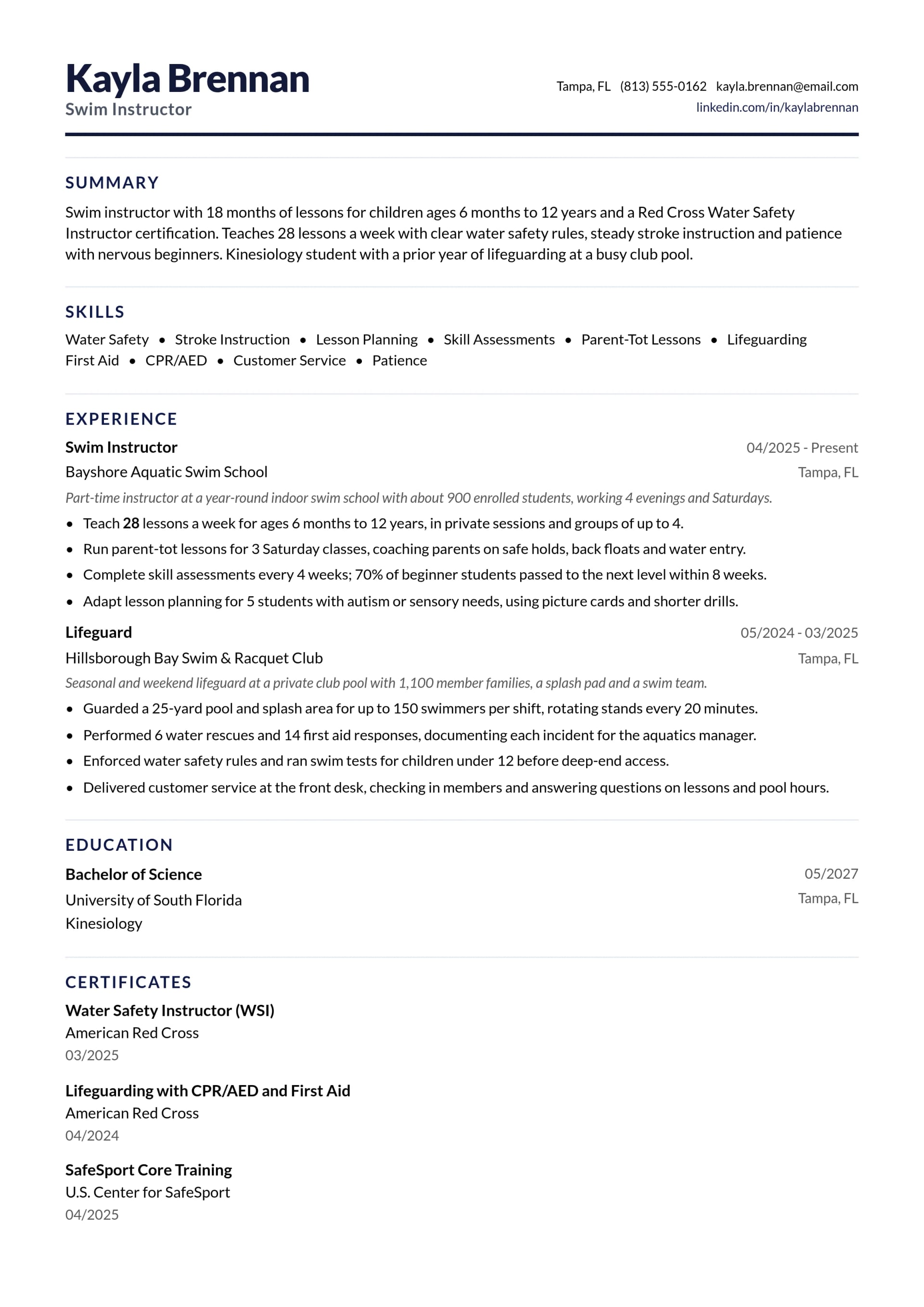 Swim Instructor resume example