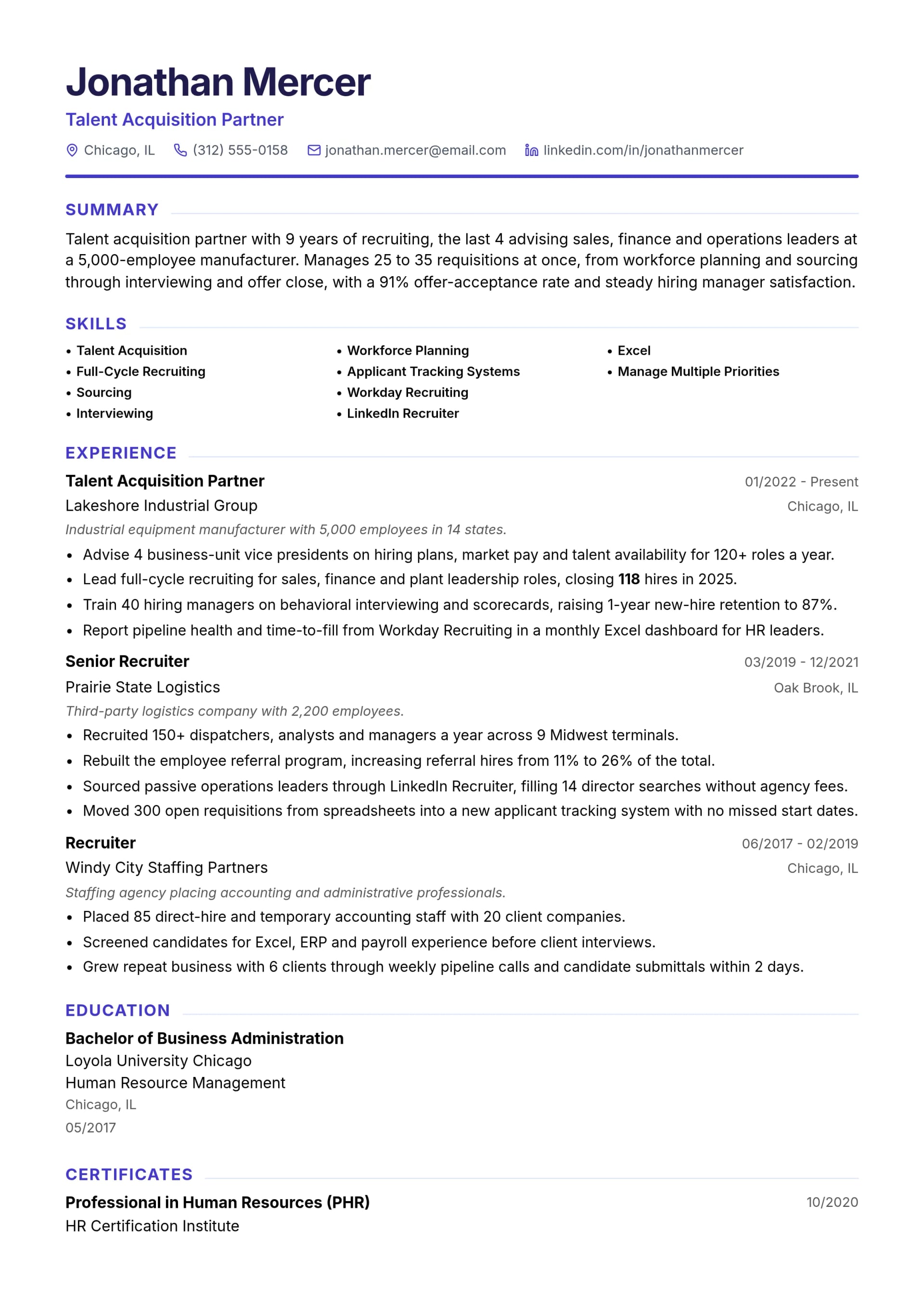Talent Acquisition Partner resume example