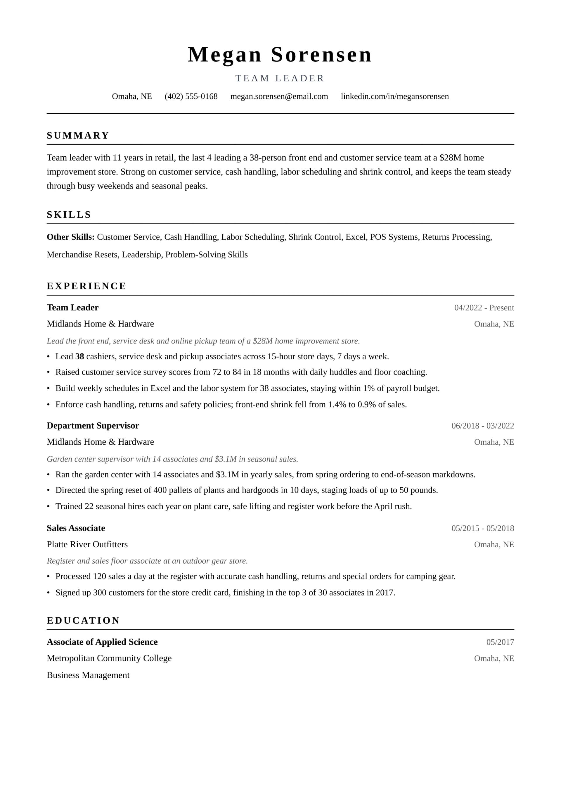 Team Leader resume example