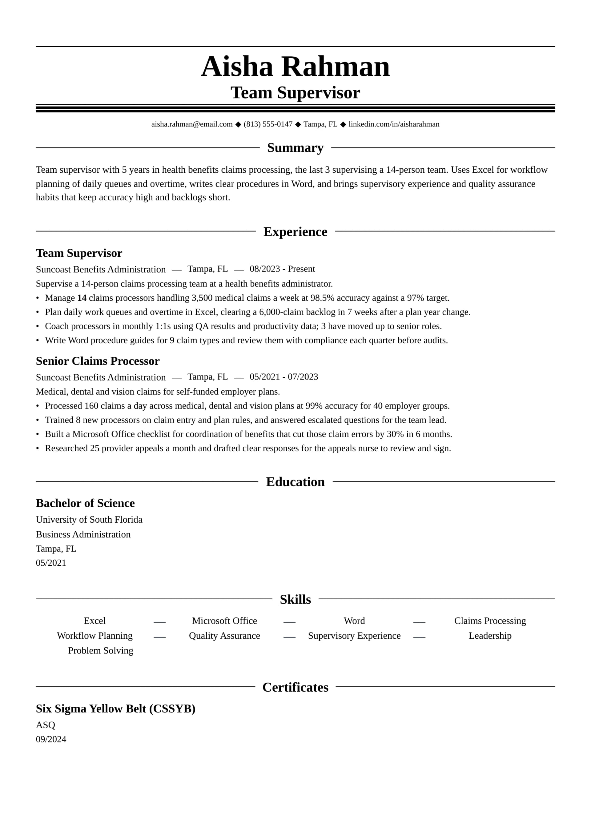 Team Supervisor resume example