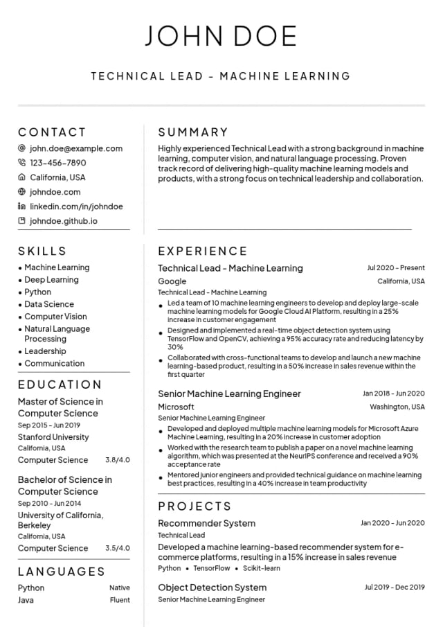 Technical Lead - Machine Learning resume example