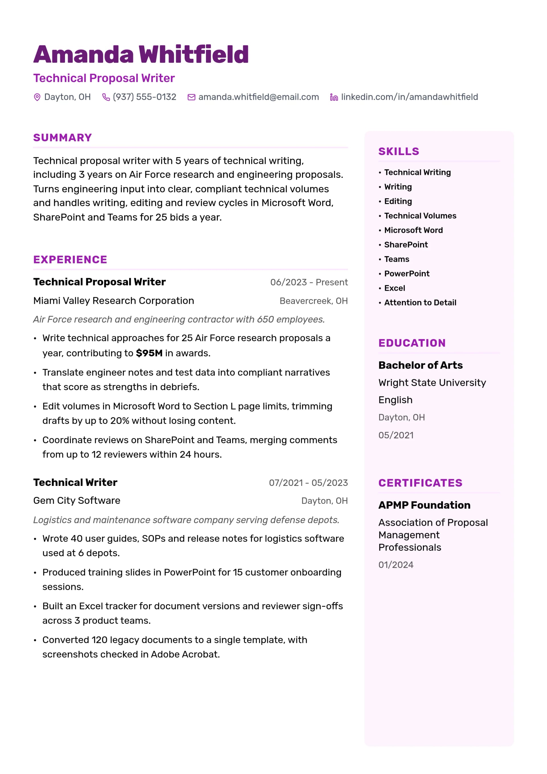 Technical Proposal Writer resume example