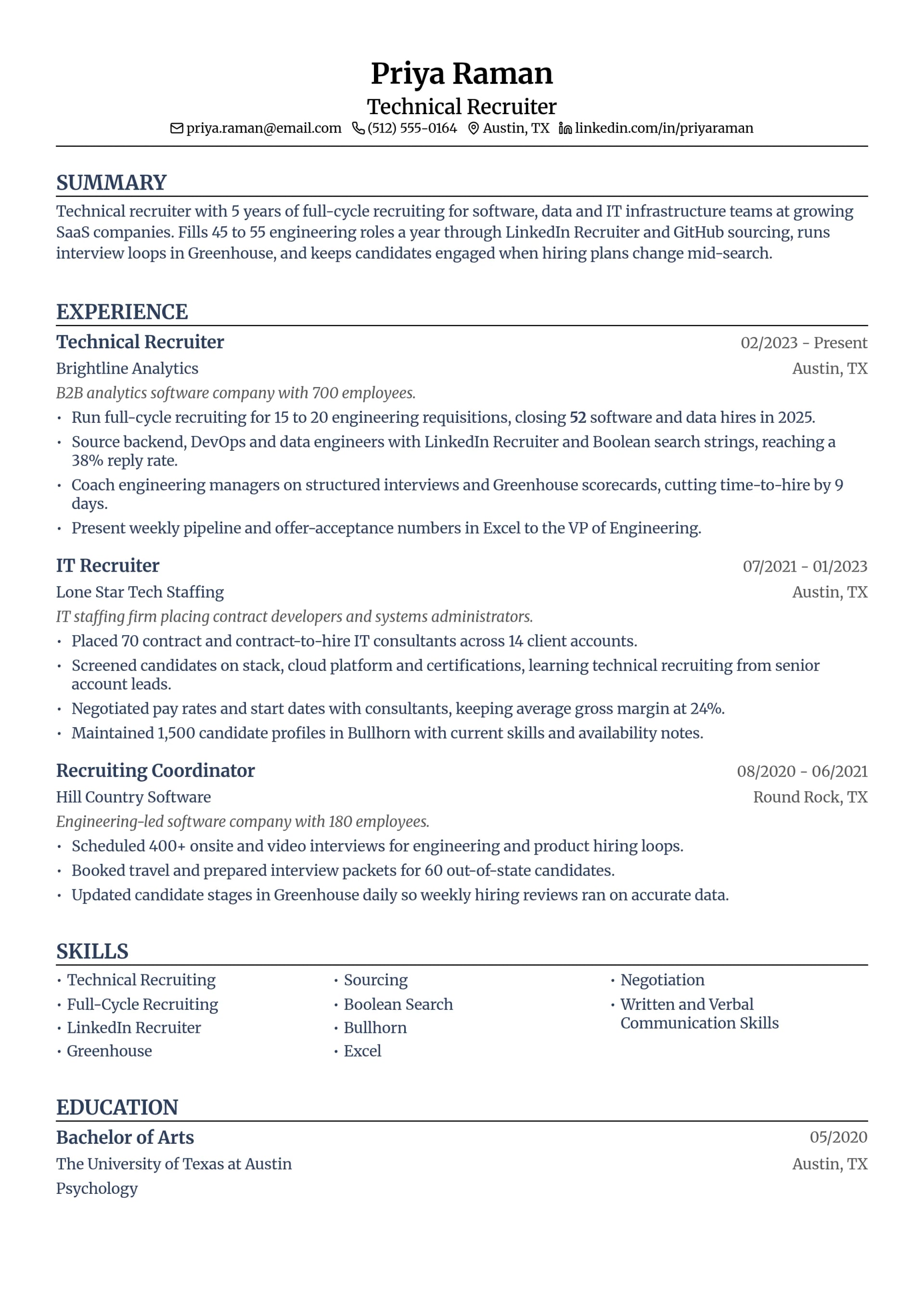 Technical Recruiter resume example