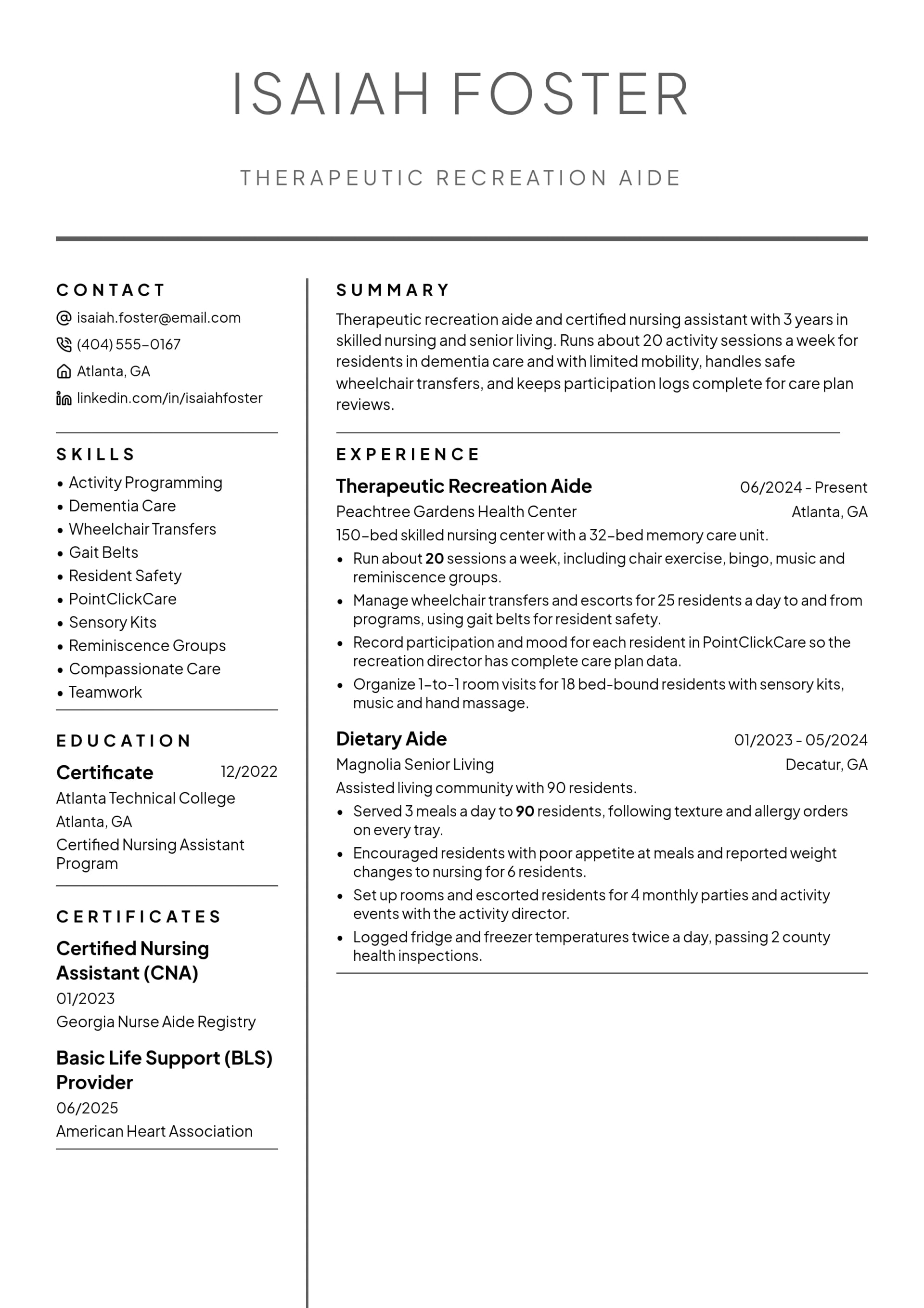 Therapeutic Recreation Aide resume example