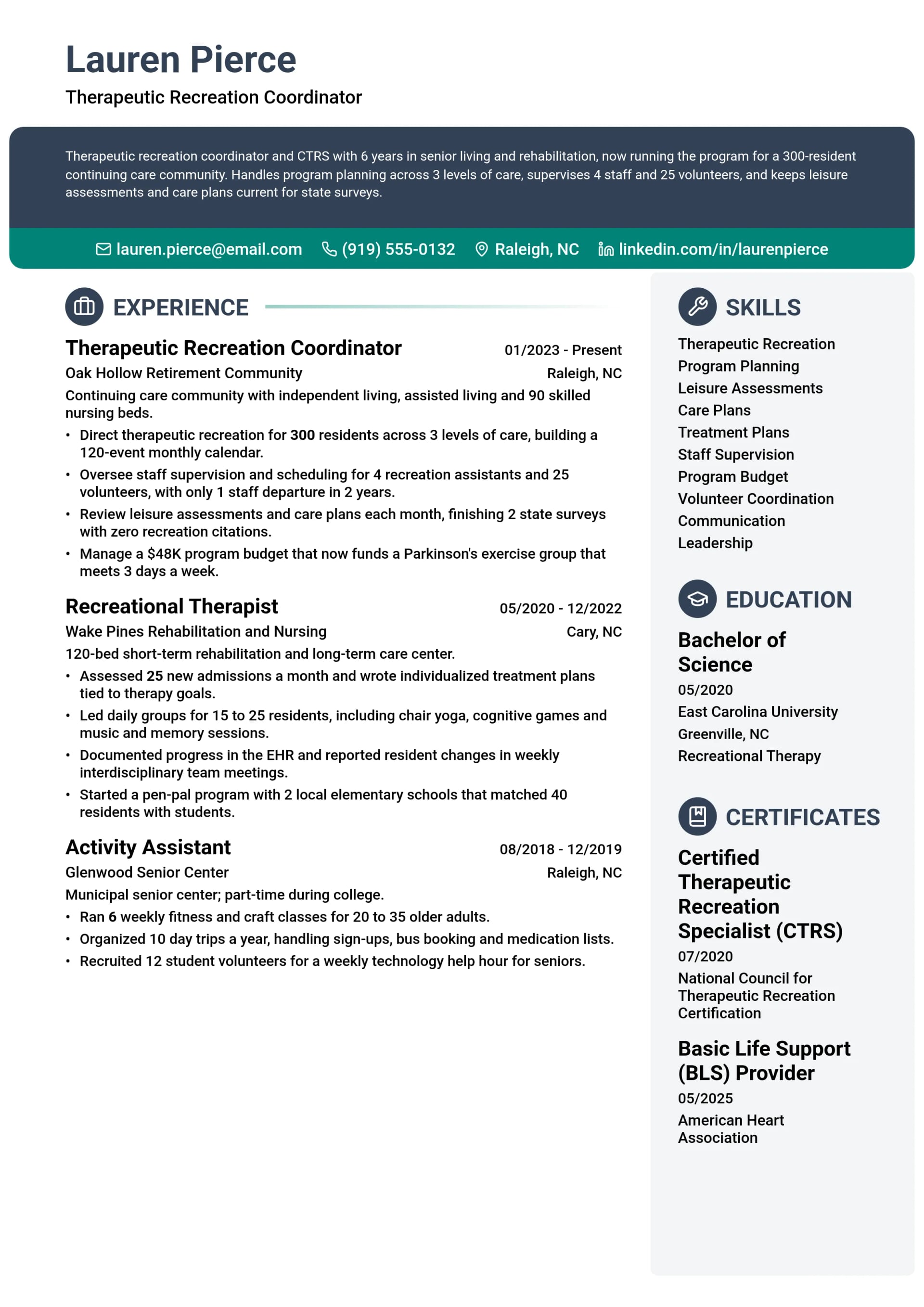 Therapeutic Recreation Coordinator resume example