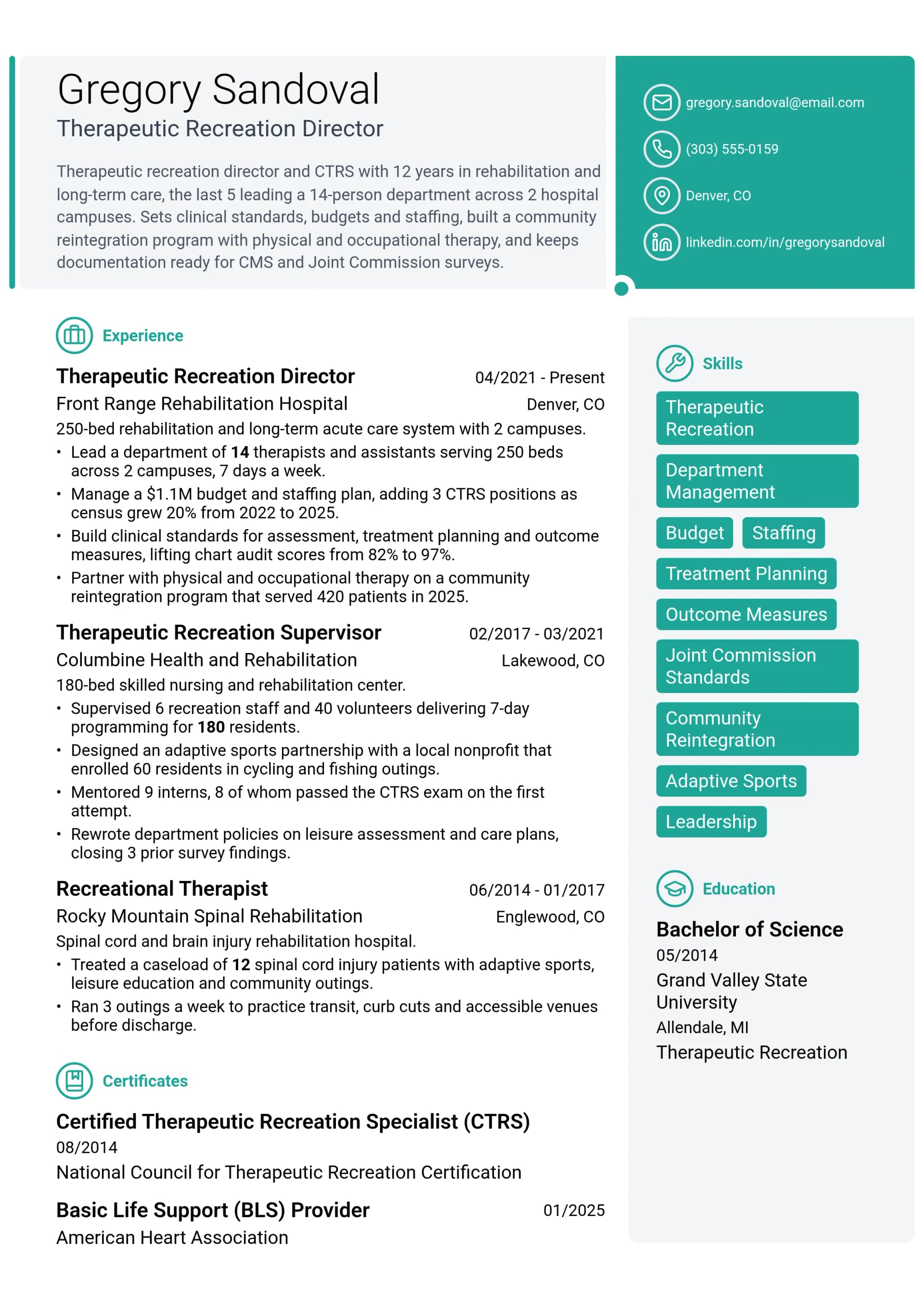 Therapeutic Recreation Director resume example