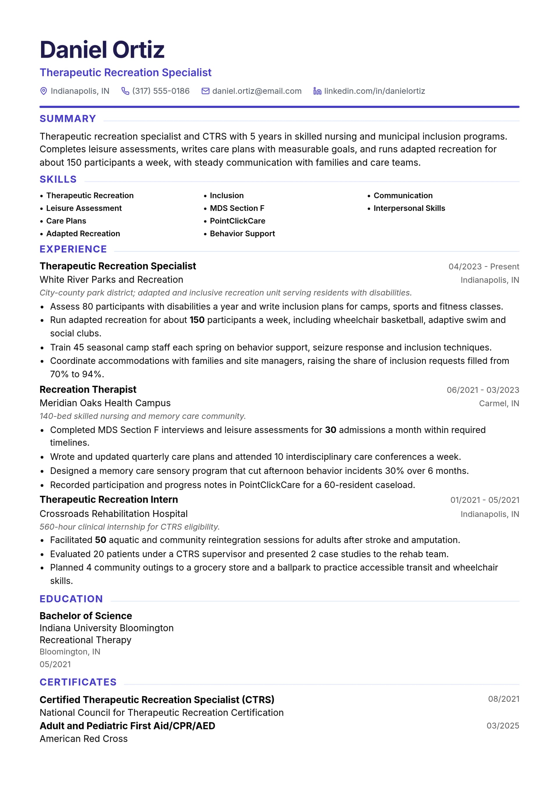 Therapeutic Recreation Specialist resume example