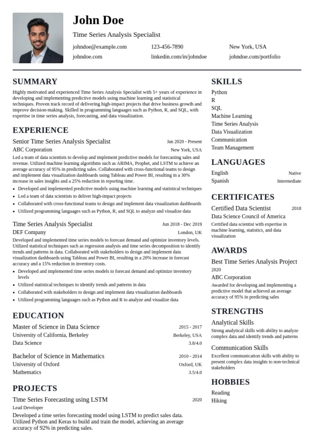 Time Series Analysis Specialist resume example