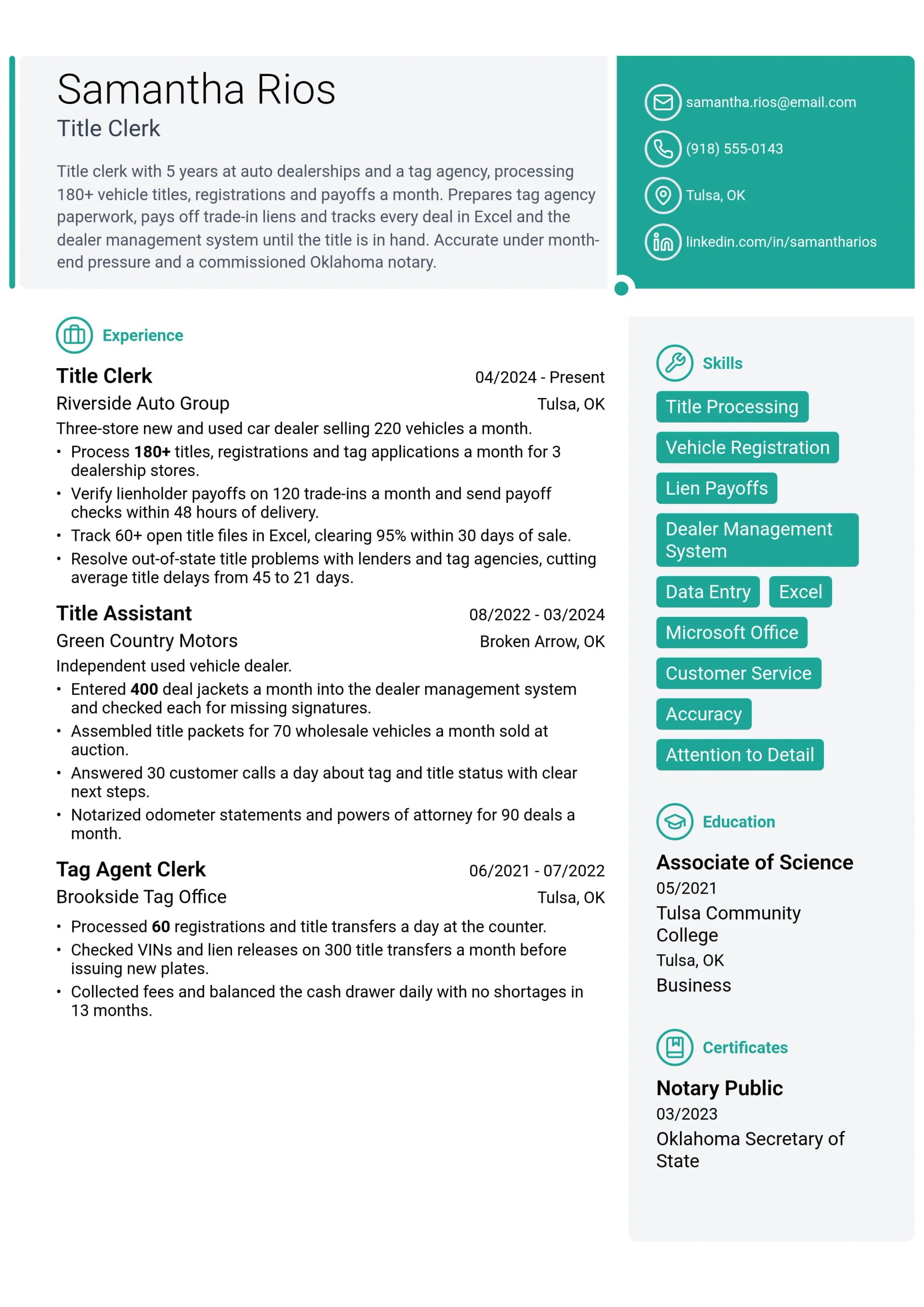 Title Clerk resume example
