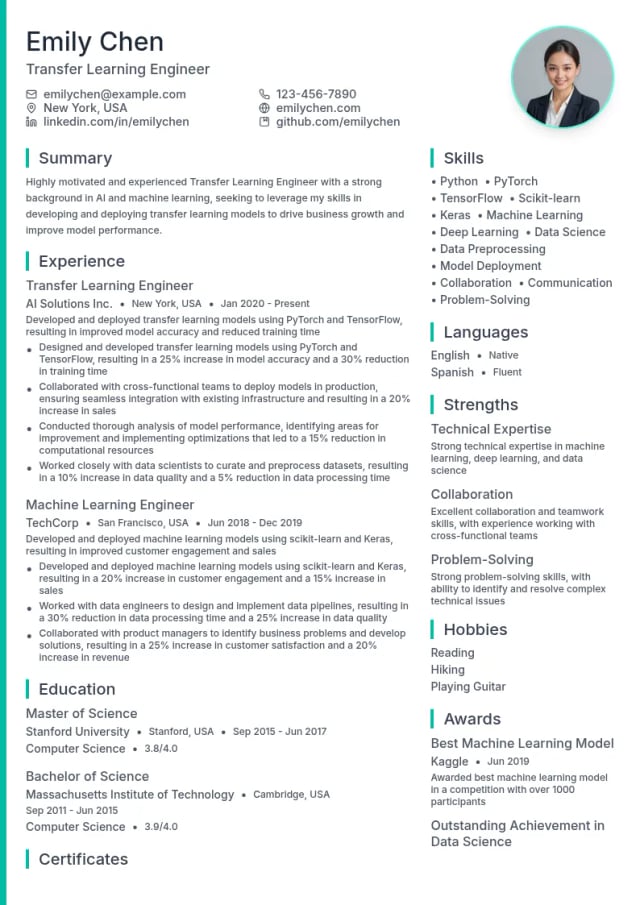 Transfer Learning Engineer resume example