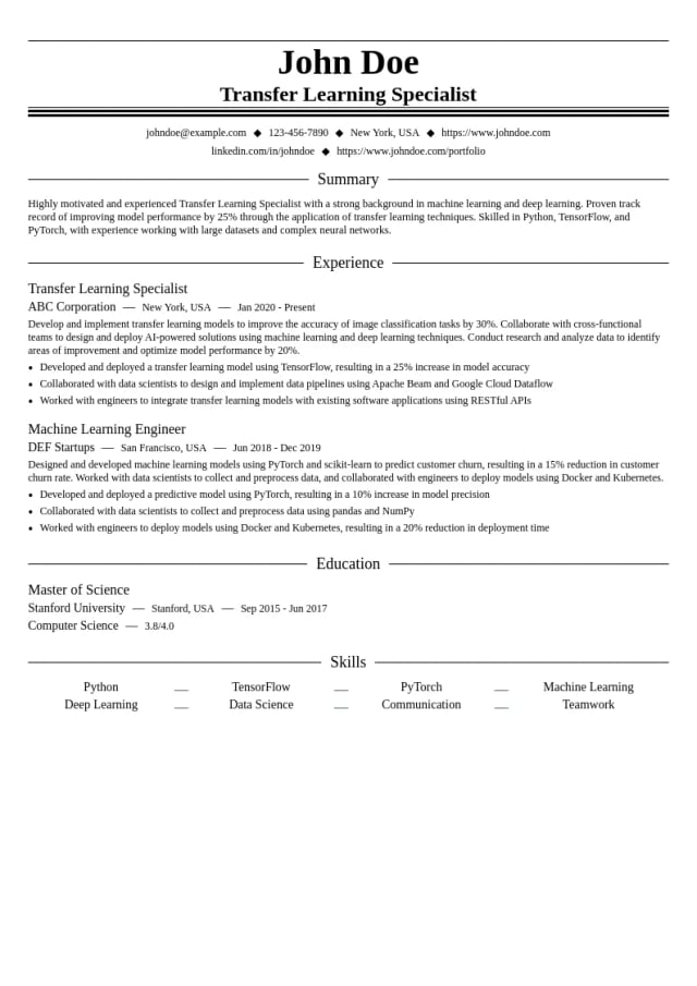 Transfer Learning Specialist resume example