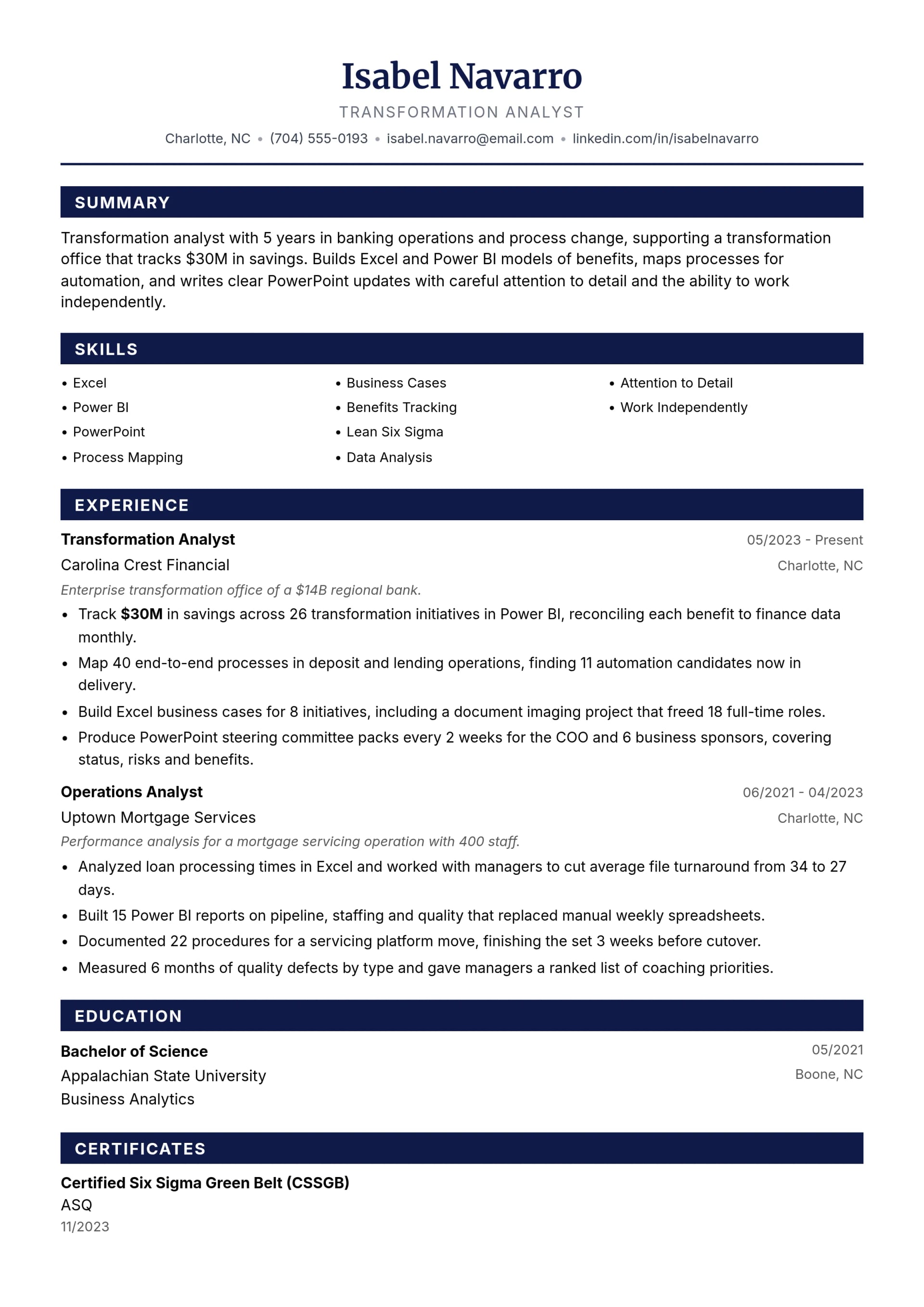 Transformation Analyst resume example