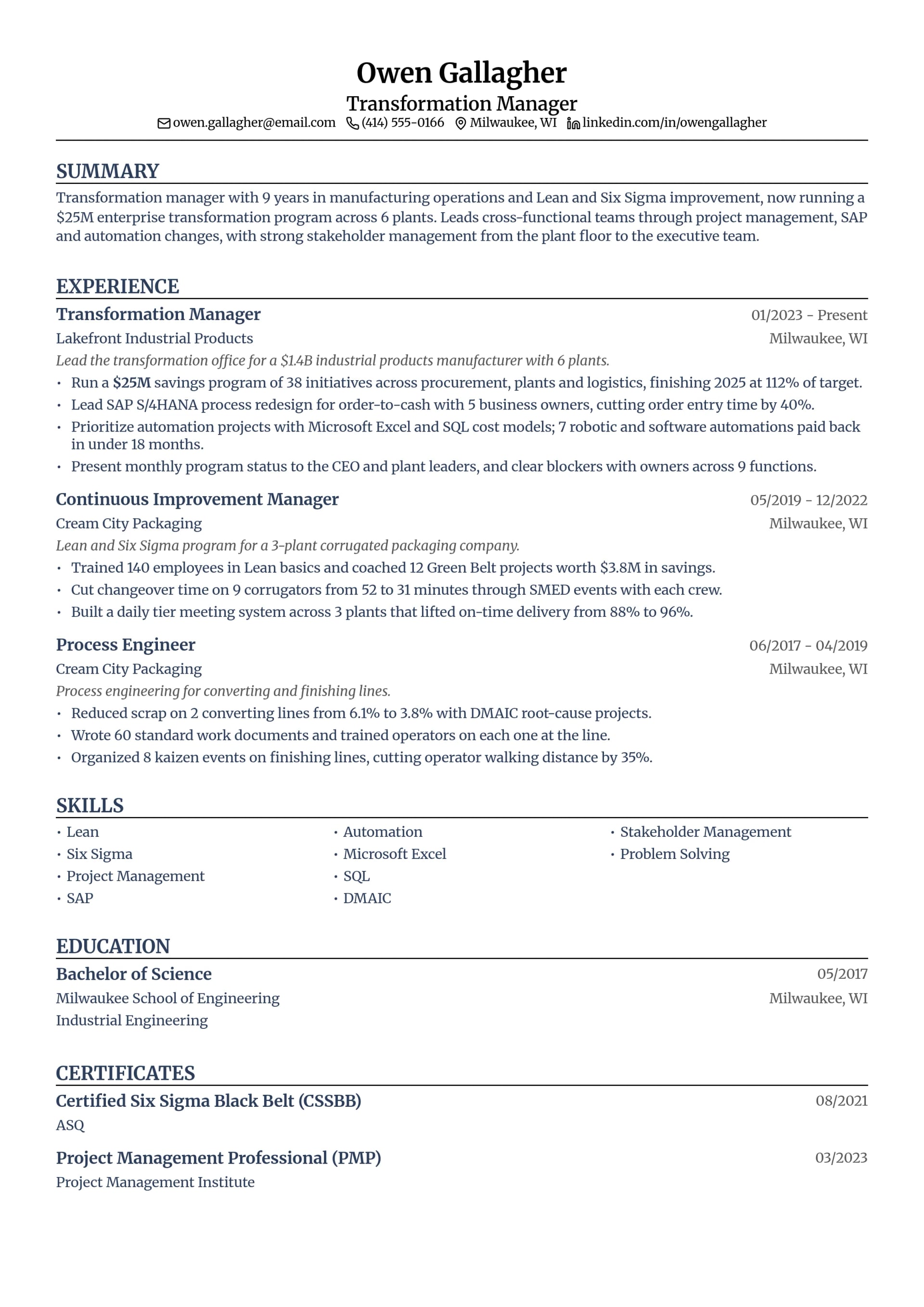 Transformation Manager resume example
