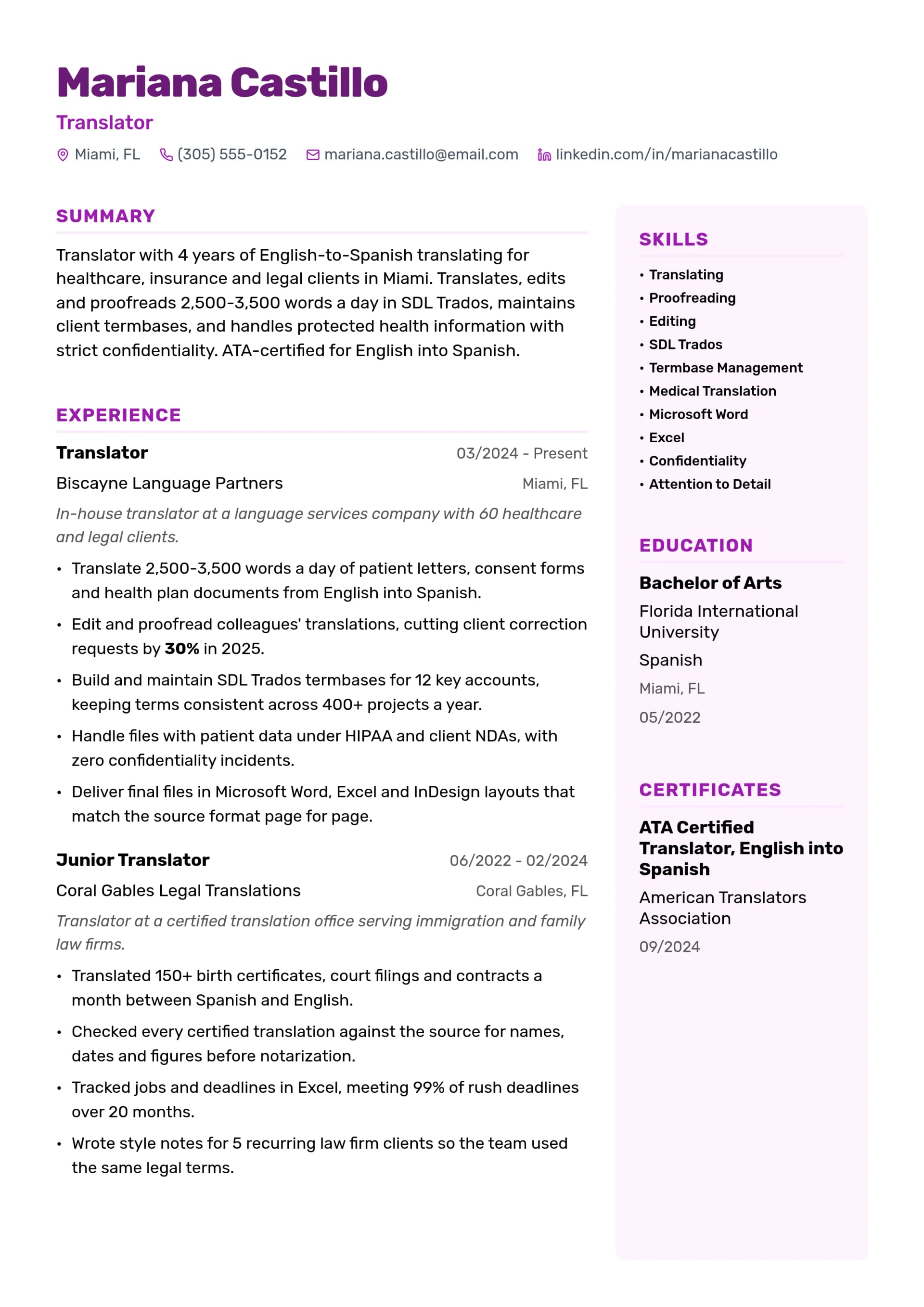 Translator resume example