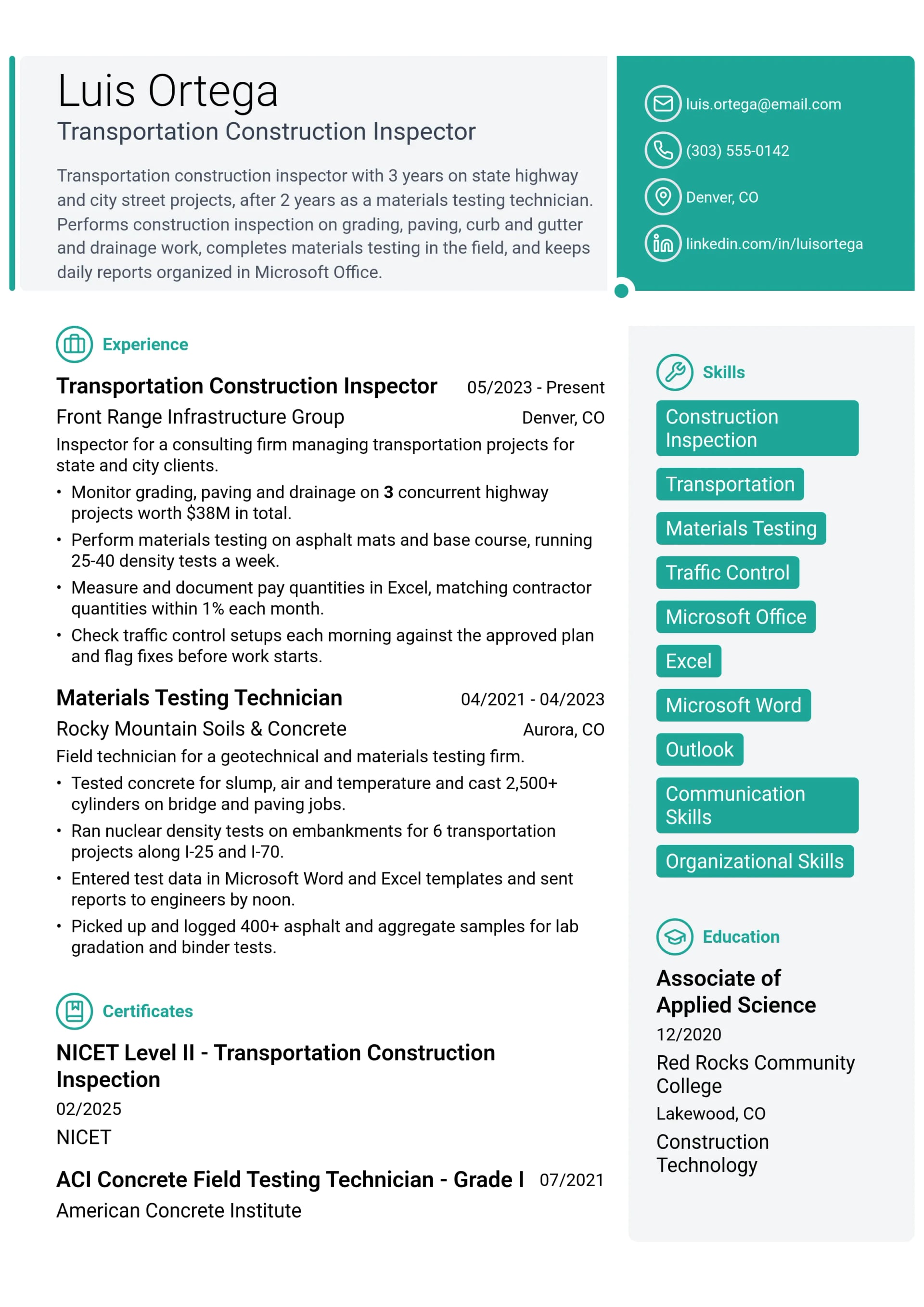 Transportation Construction Inspector resume example