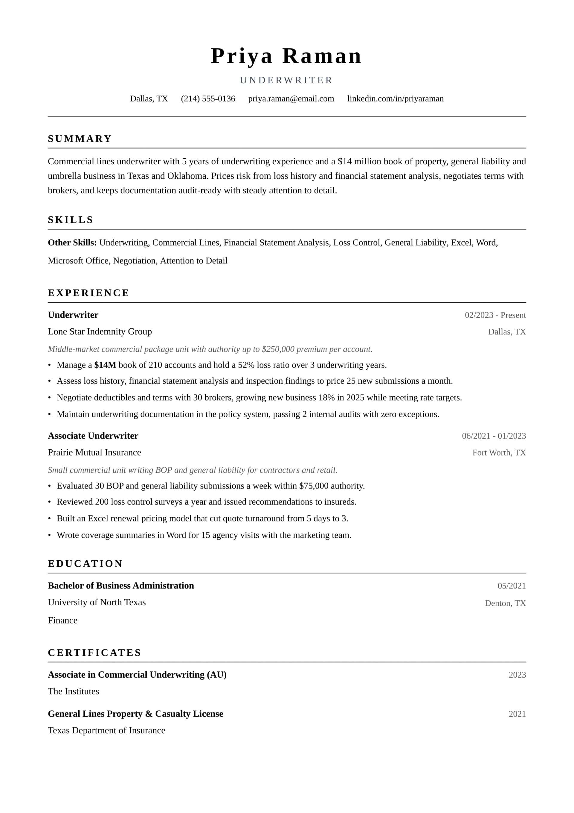 Underwriter resume example