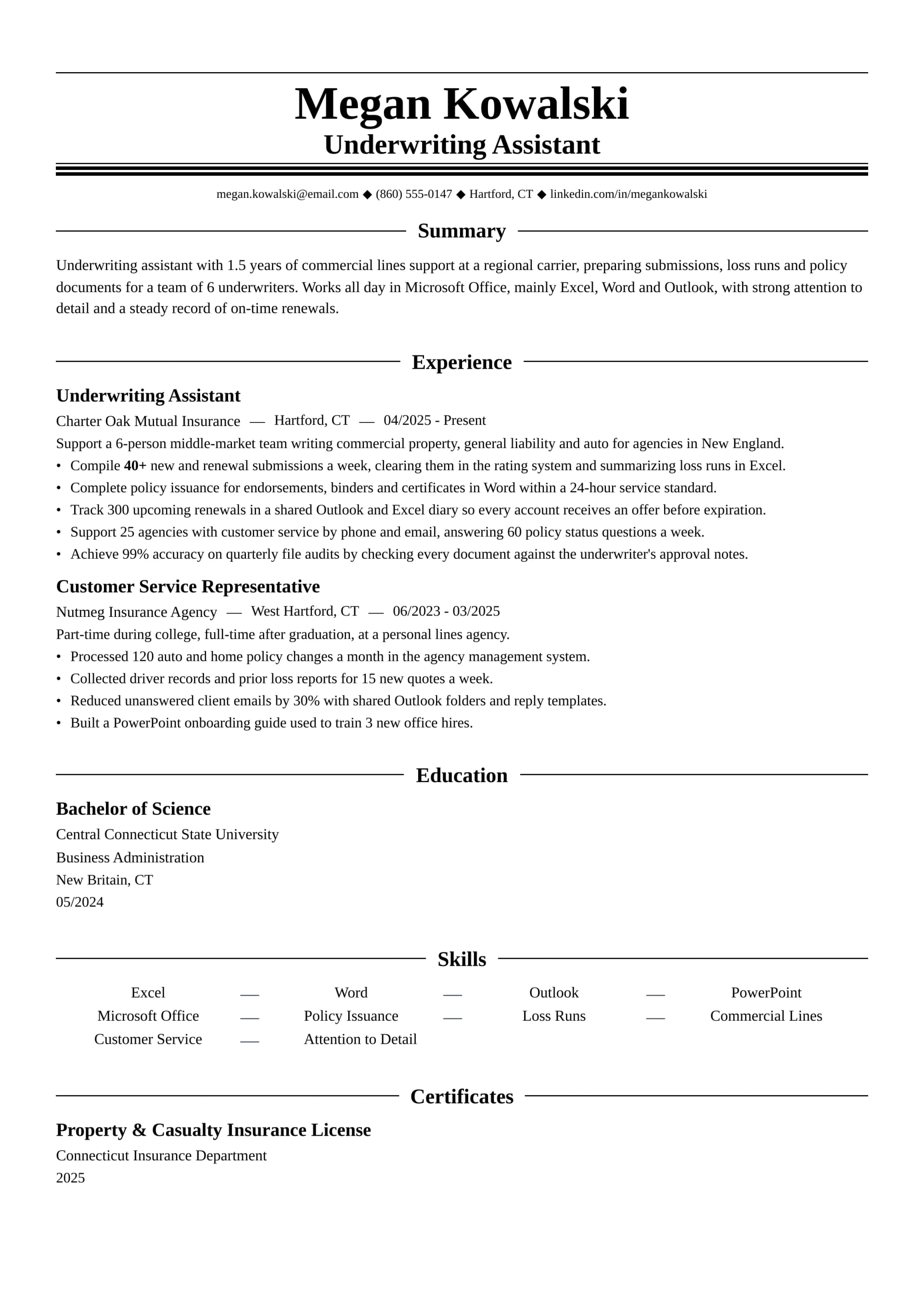 Underwriting Assistant resume example