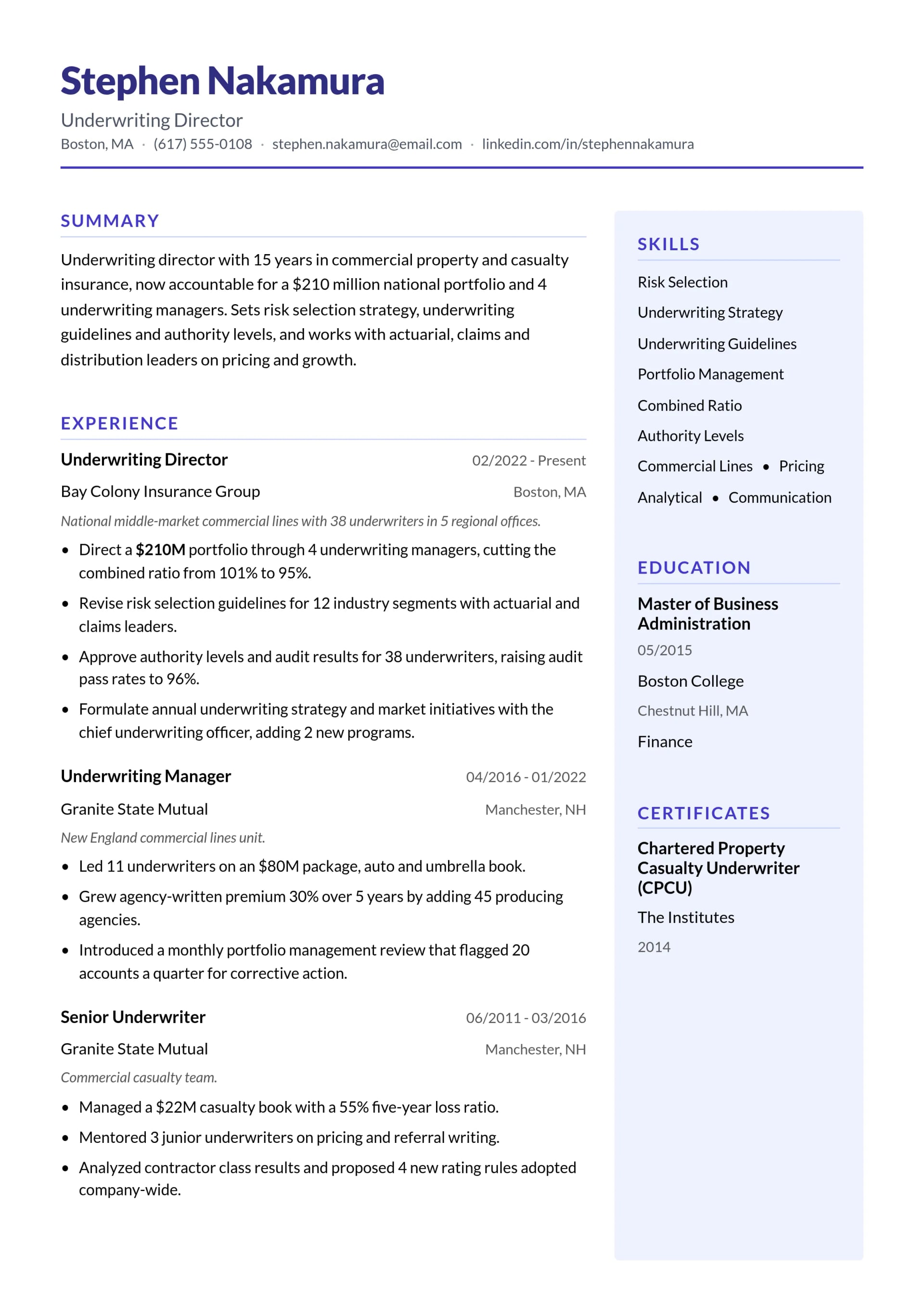 Underwriting Director resume example