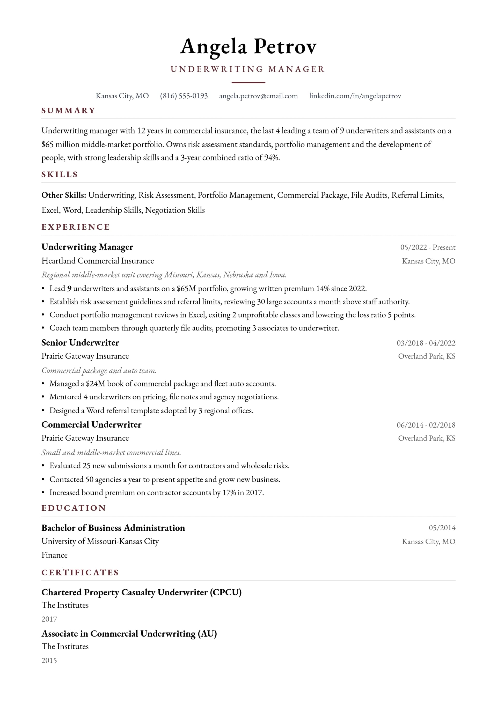 Underwriting Manager resume example
