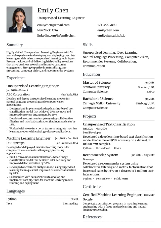 Unsupervised Learning Engineer resume example