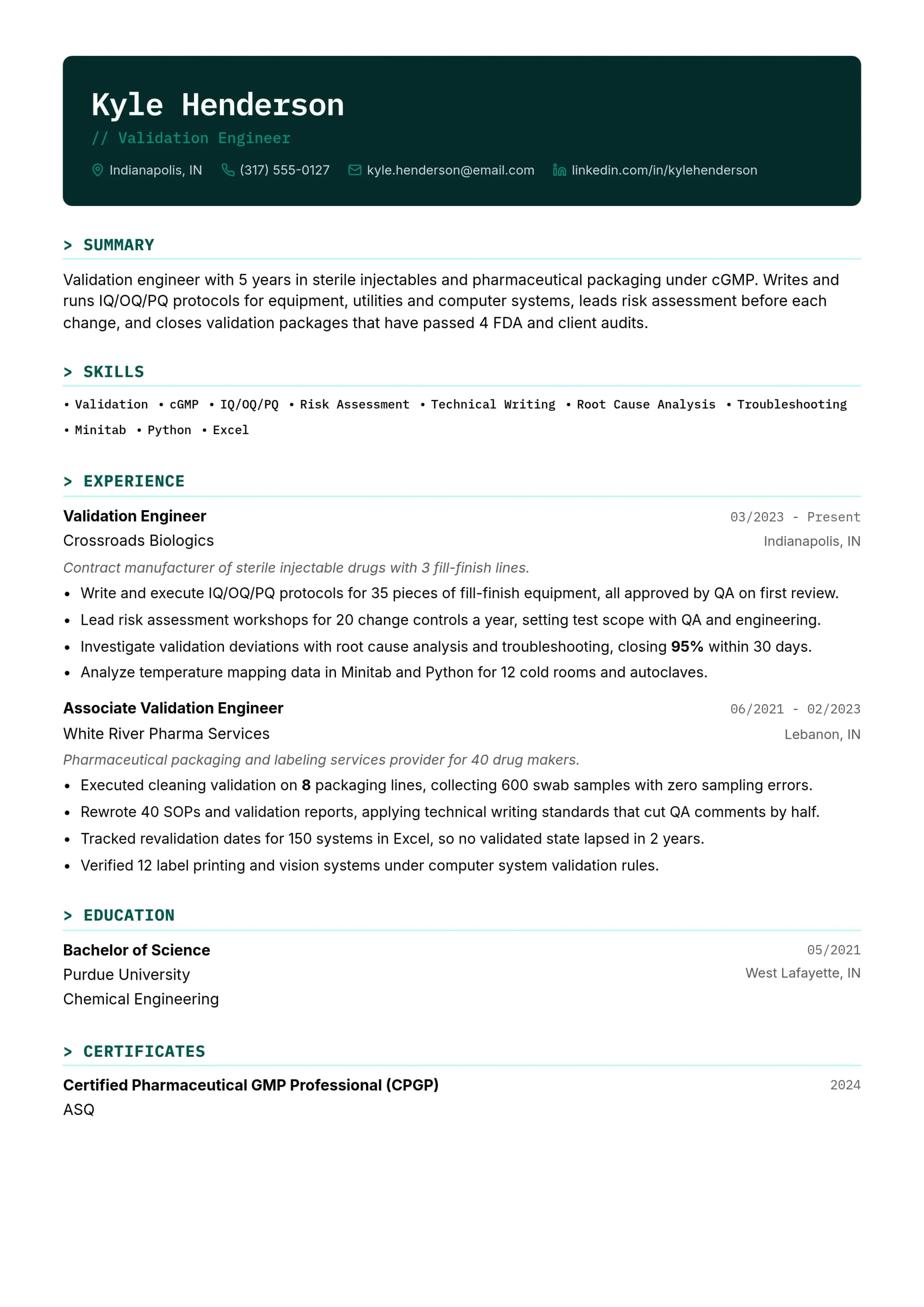 Validation Engineer resume example