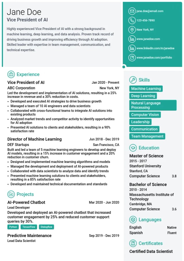 Vice President of AI resume example