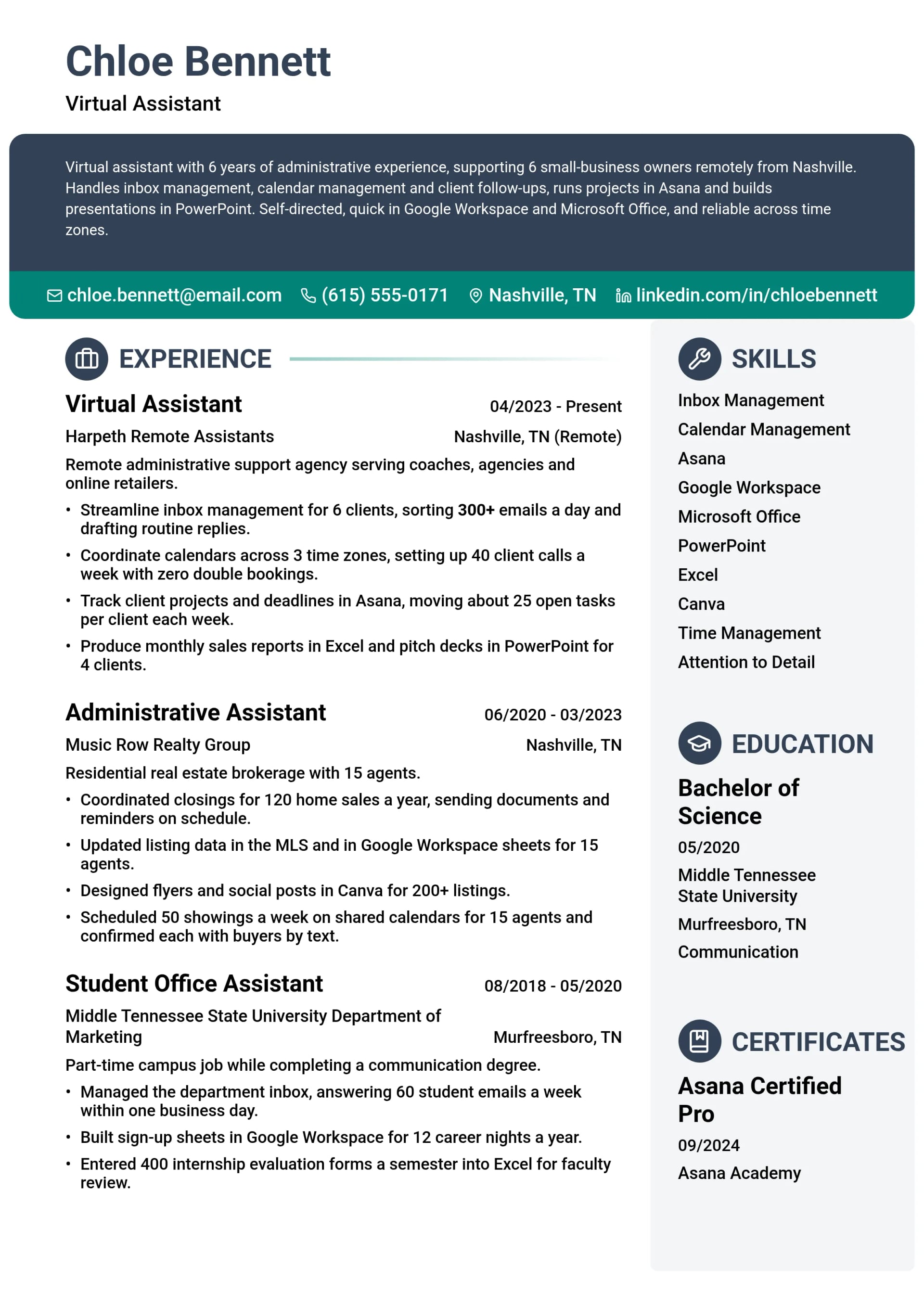 Virtual Assistant resume example